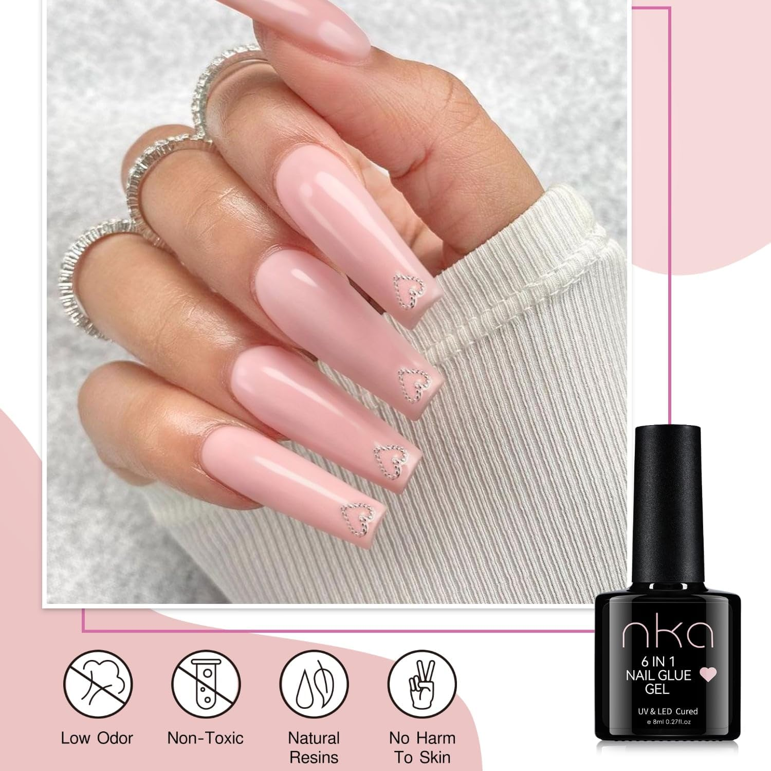 NKA 6 in 1 UV LED Nail Glue Gel, for Soft Gel Nail Tips, Press on Nails, Non Toxic 9 Free Formula, Blooming Gel, Strengthener, Base Coat -8Ml image number 2