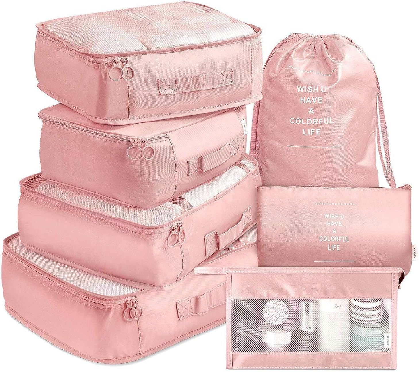 Packing Cubes for Travel, 7 Set Luggage Organizers with Shoe Bag, Electronics Bag, Cosmetics Bag, Accessories Bags Made with Wearable Waterproof Fabric (Pink)