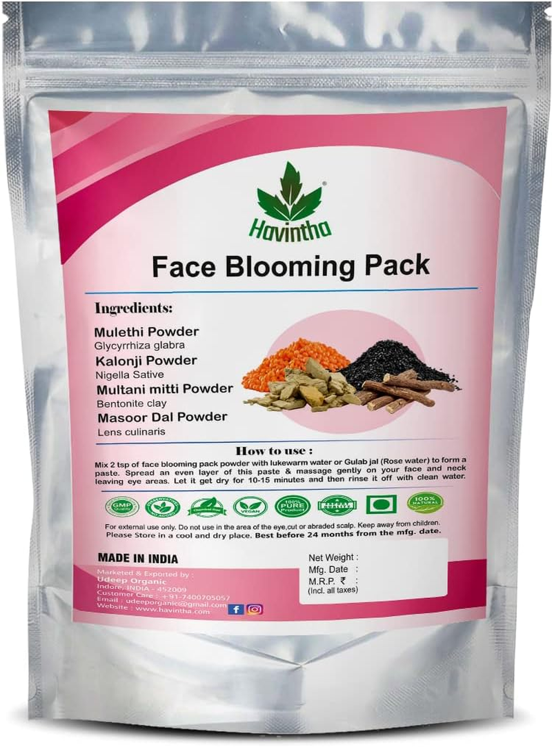 Havintha Natural Blooming Face Pack with Kalonji Seed, Masoor Dal, Mulethi and Multani Mitti Powder, 227 Gm