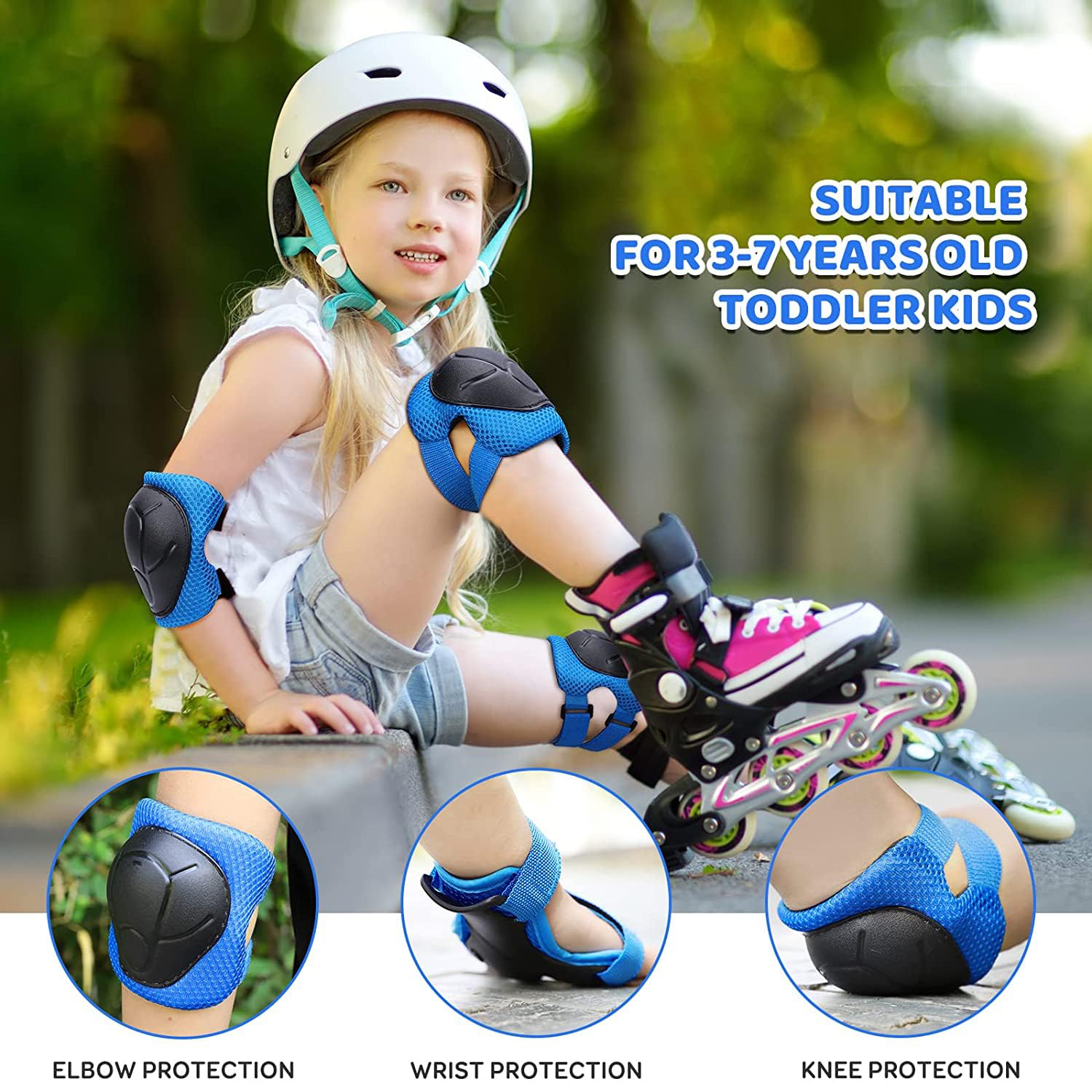 Kids/Youth Knee Pads Elbow Pads Toddler Protective Gear Set with Wrist Guards 6 in 1 for Roller Skates Cycling BMX Bike Skateboard Inline Skatings Scooter Riding Sports, Volleyball, Football，Blue-M - Black-S image number 4