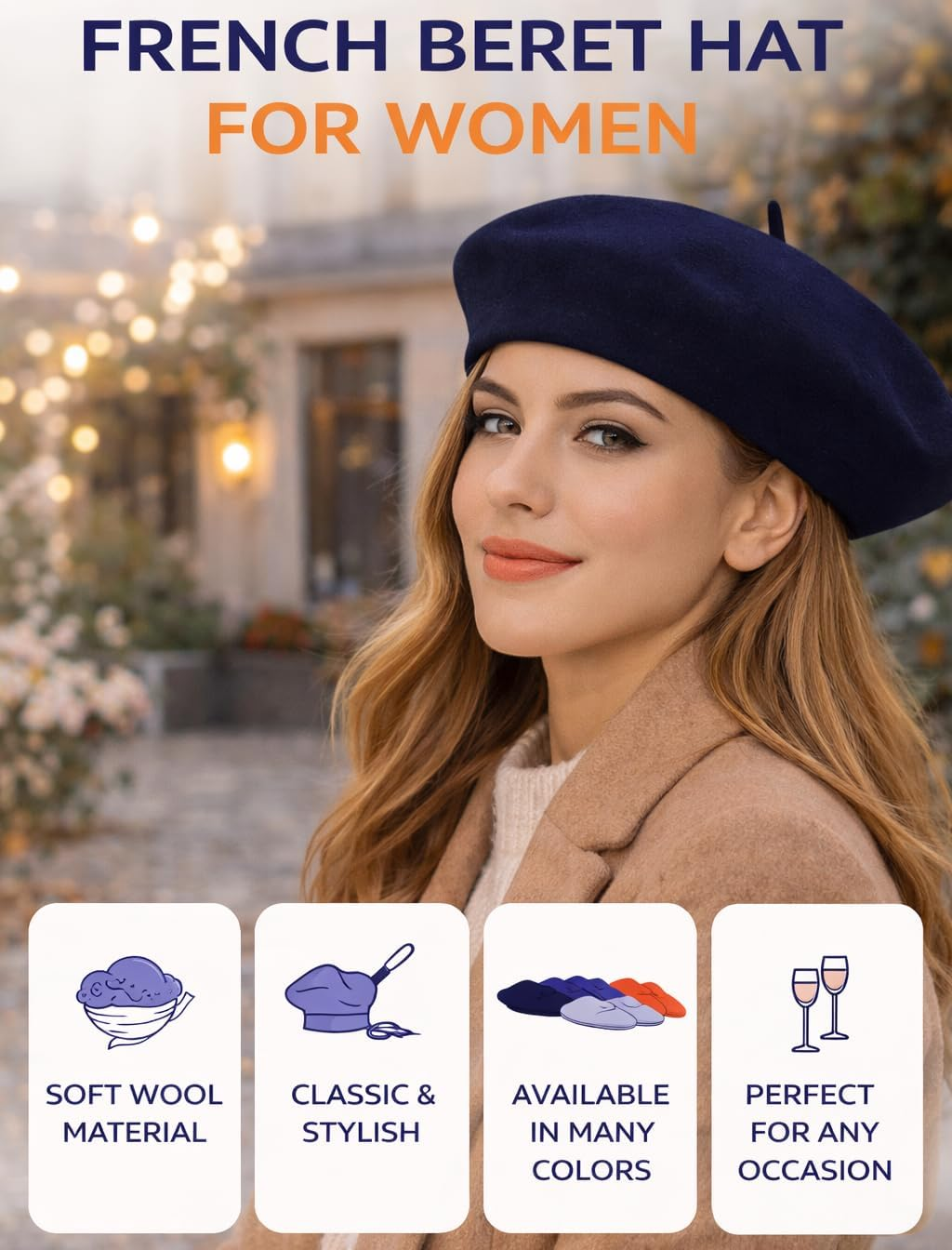 COSHAL&reg; Adult Wool Beret Hat Men Women French Style Hat Plain Classic Color Beret'S Hat'S Unisex Soft Warm Outdoor Vintage Artist Beret Hats Women Accessories image number 1