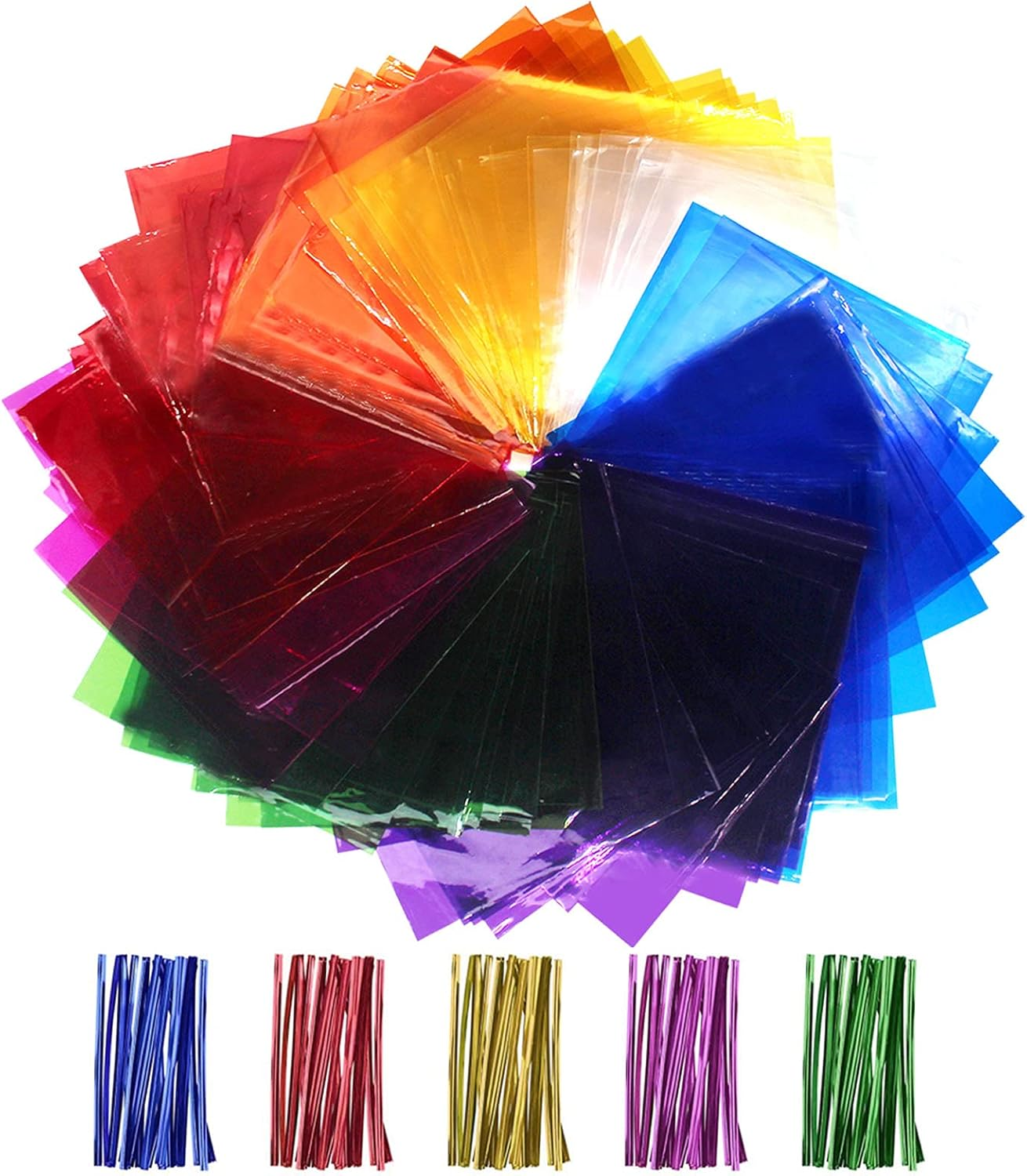 Cinvo 160 Pcs Cellophane Sheets Multi-Colored See through Colorful Sheets with Twist Ties Cello Wraps for DIY Arts and Crafts, Treats Candy Wrapping Party Supplies (7.5 X 7.5 Inch) image number 1