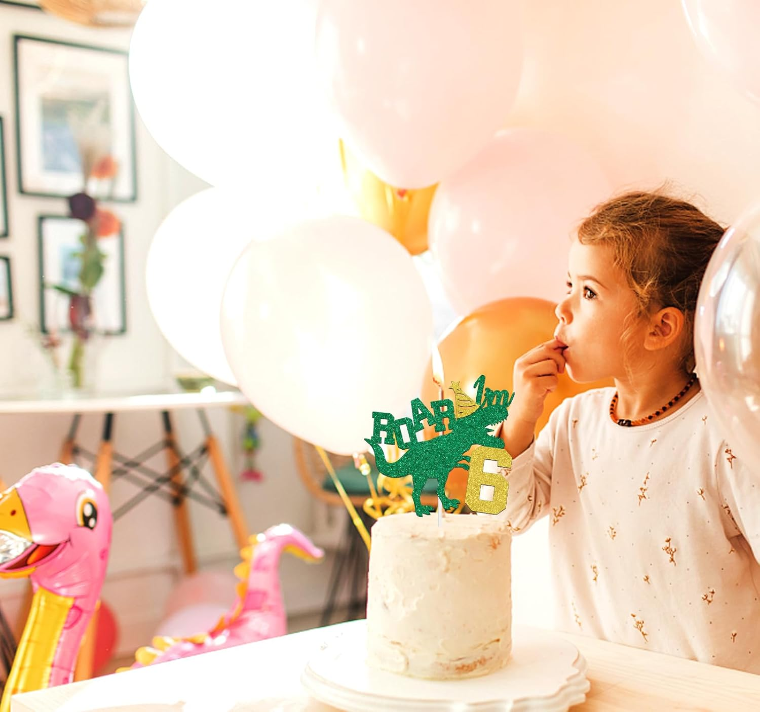 Ferburitar Roar I'M 6 Cake Topper, Dinosaur Jungle Safari Cake Topper for Boys Girls, Happy 6Th Birthday Party Decorations Supplies for Kids, Gold and Green Glitter image number 5