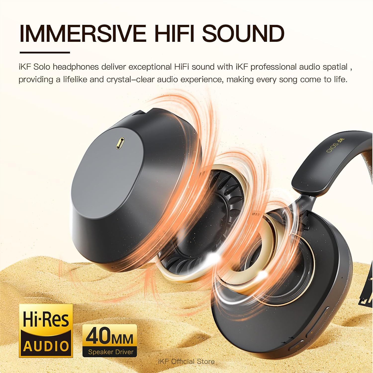 Ikf Solo Wireless over Ear Headphones,Active Noise Cancelling, 40Mm Speakers,130H Playback, Transparency Mode, Foldable, 35Ms Low Latency, USB Audio with External Mic, App Customization (Black) image number 3