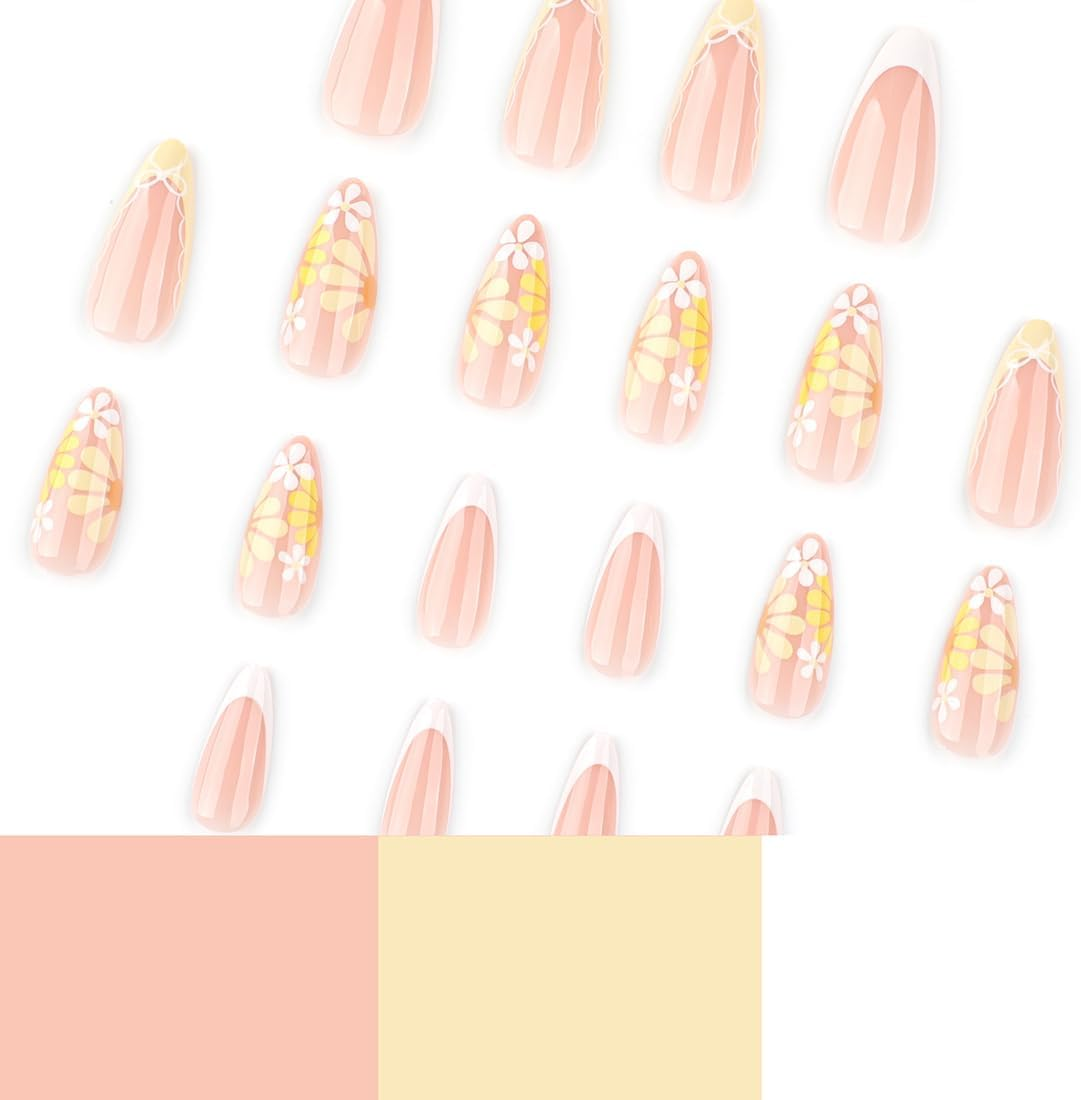 Flowers Press on Nails 24 PCS Medium Almond Fake Nails Glossy French False Nails Summer Nail Tips Full Cover Stick on Nails for Women and Girls image number 2