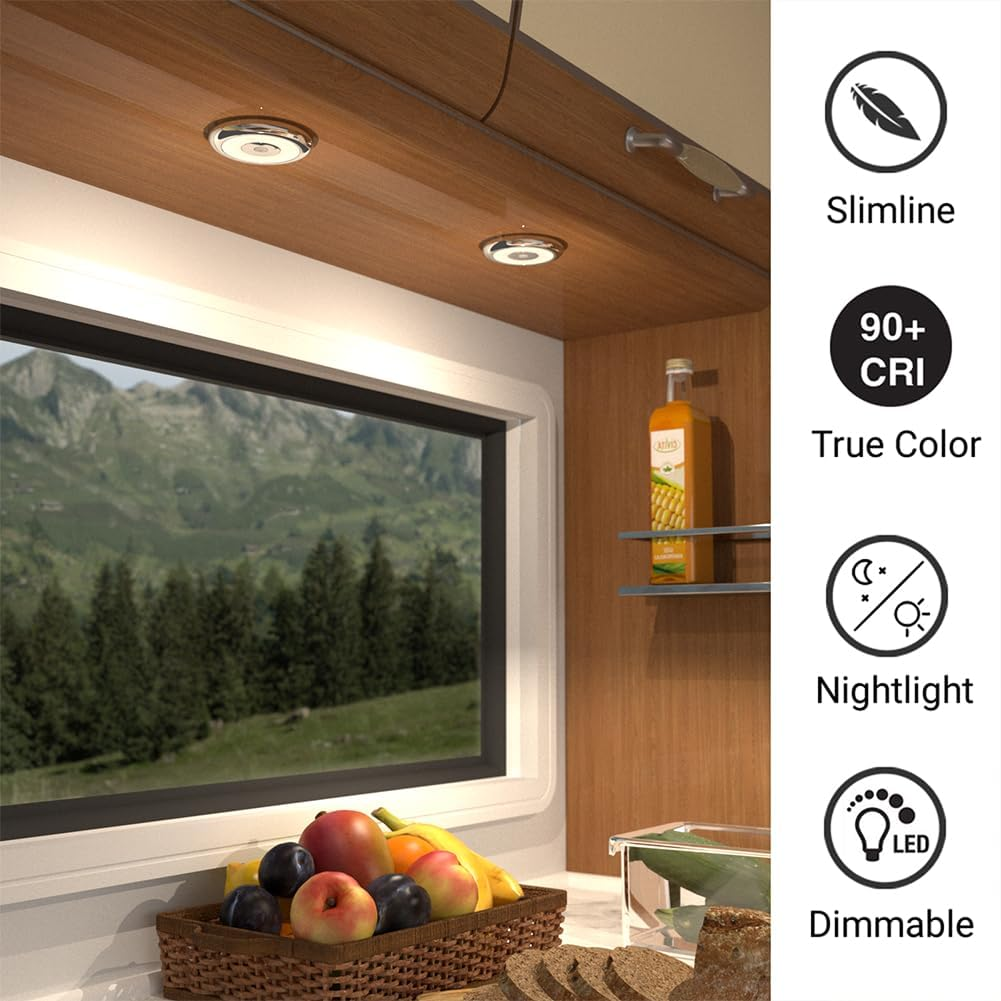 Acegoo RV LED Puck Light Camper Van 3&rdquo; Overhead Ceiling Light, 12V down Light for Motorhome Boat Truck Trailer Cars, Inbuilt Dimmer Switch & Blue Nightlight, CRI90+ (Chrome 5000K)