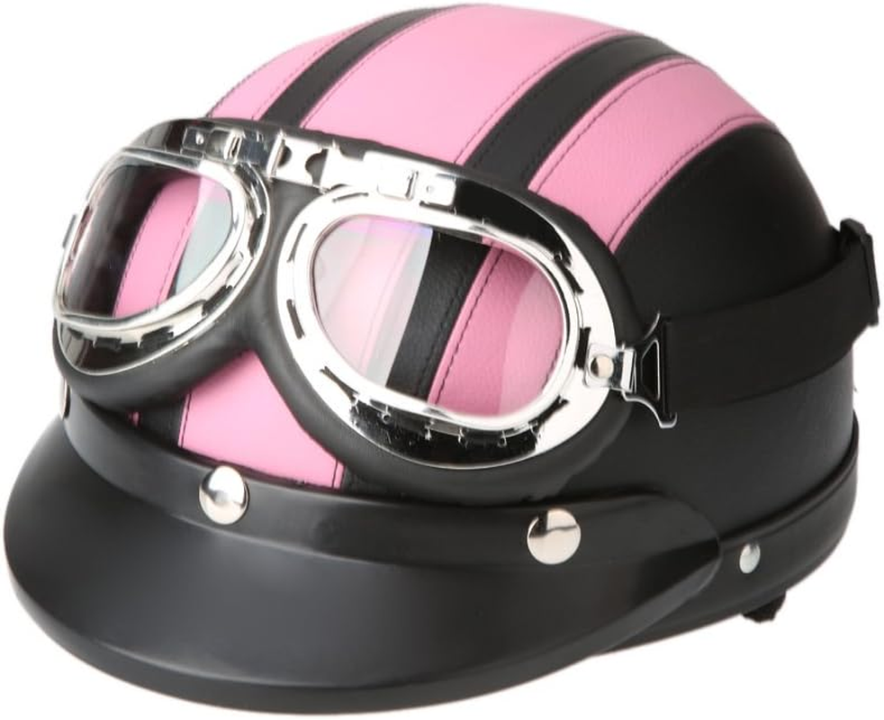 RAYWE Motorcycle Scooter Open Face Half Leather Helmet with Visor UV Goggles Retro Vintage Style 54-60Cm