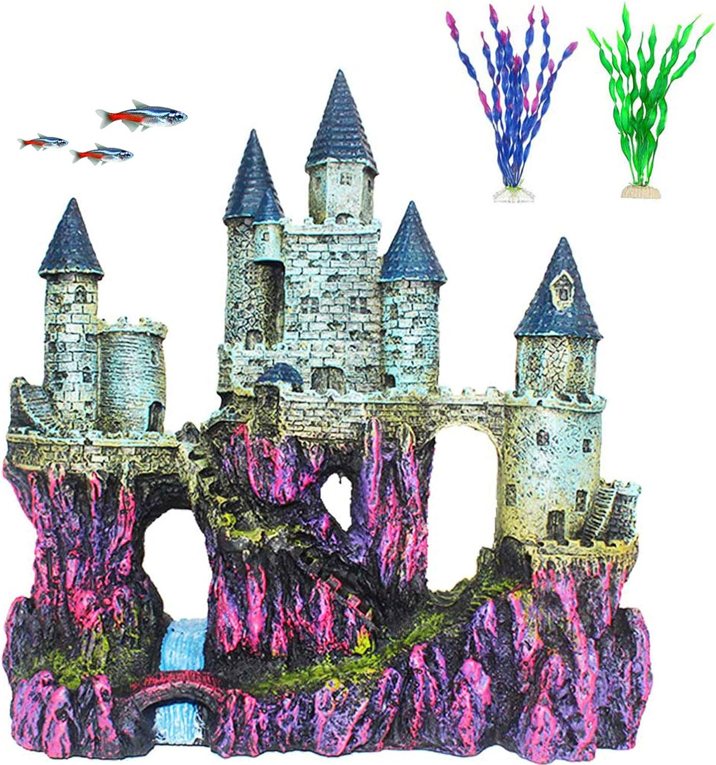 PINVNBY Aquarium Resin Castle Decoration Fish Tank Driftwood Castle Cave Hideouts House Plants Supplies Accessories(Purple)