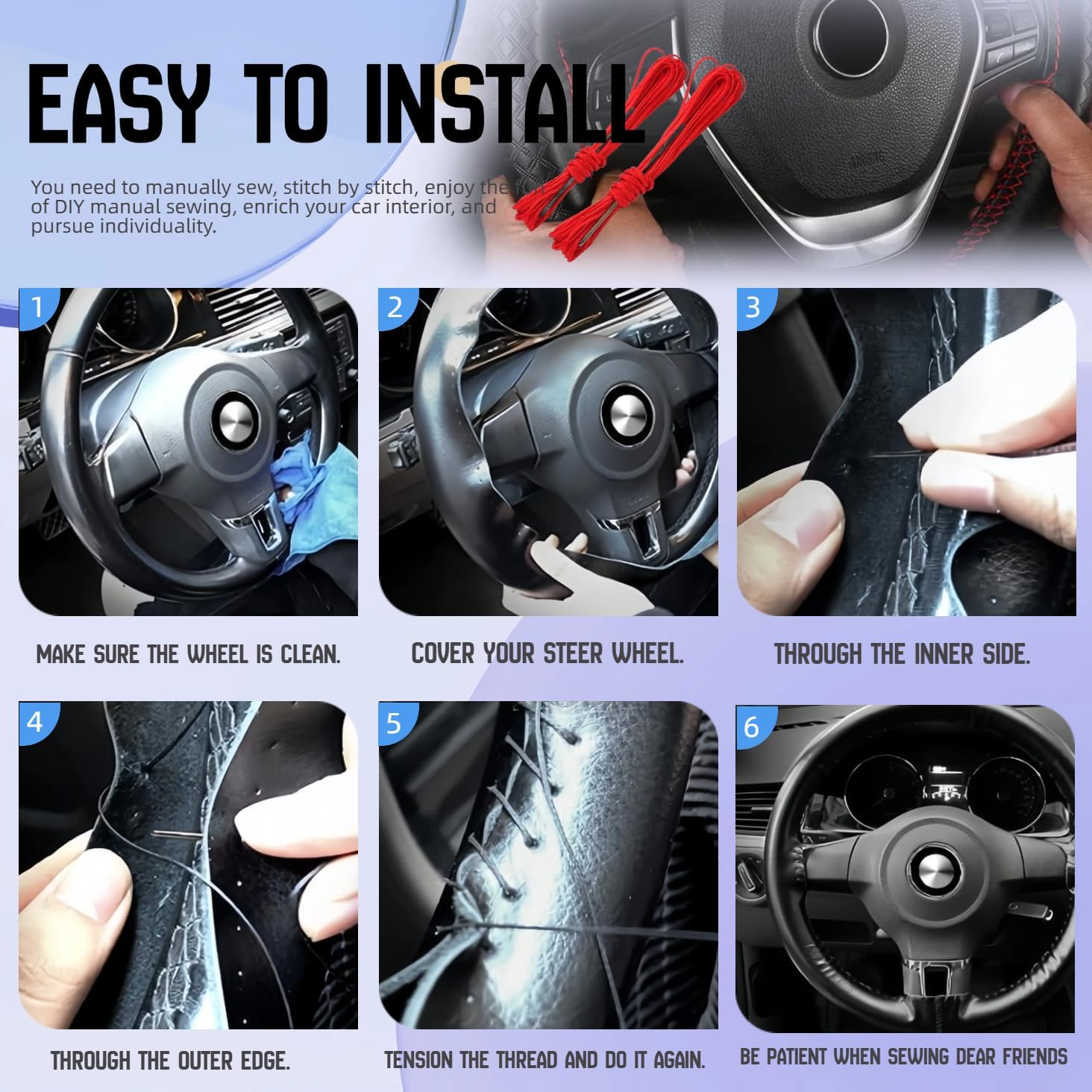 Universal Leather Steering Wheel Cover, Non-Slip Stitch on Wrap, DIY Car Wheel Cover Protector with Needle and Thread for Most Cars Suvs and Trucks - Red image number 6