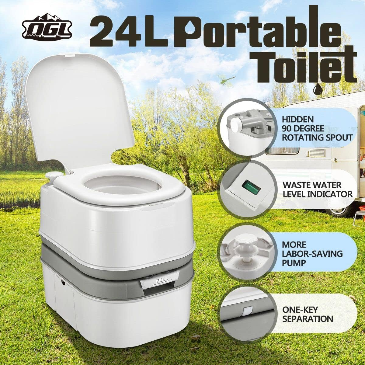 OGL 24L Outdoor Portable Toilet Camping Travel Caravan Fishing Mobile Porta Potty Double Flush 46X38X44Cm image number 5