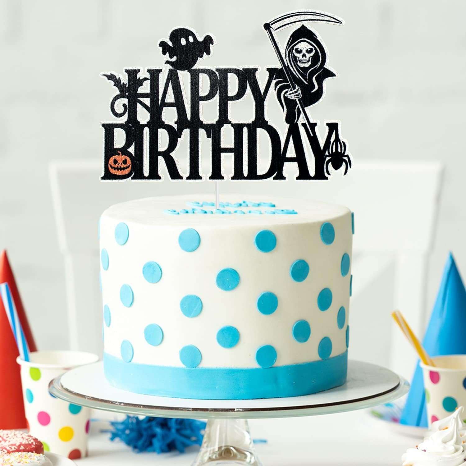 Halloween Happy Birthday Cake Topper - Spooky Pumpkin Death Black Glitter Cake Topper - Adult Kids Horror Birthday Party - Happy Halloween Party Decoration image number 4