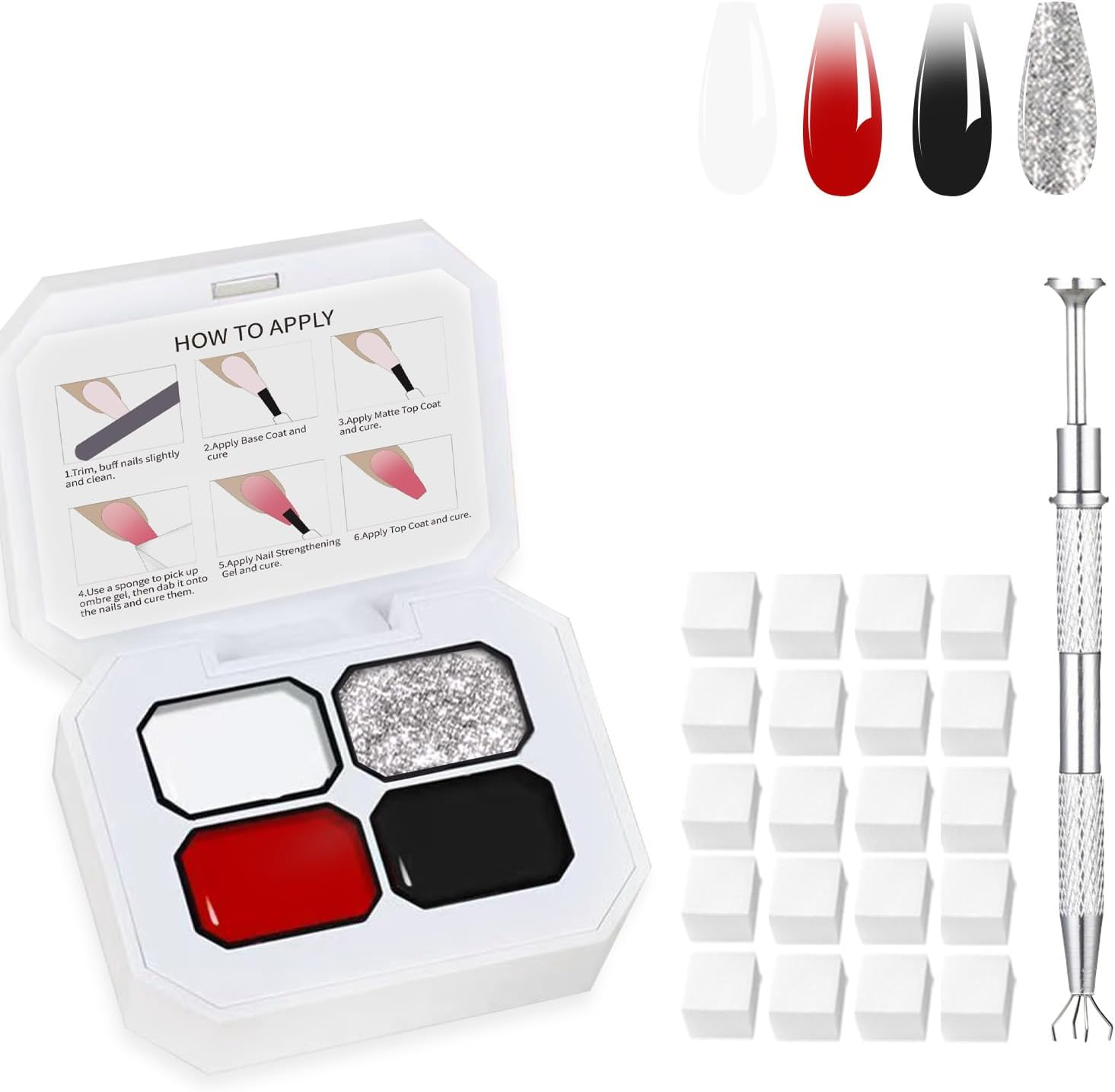 SULLMAR Colorful Ombre Gel Set with 4 Brilliant Colors with 100Pcs Nail Sponges & Grabbing Pen Ombre Nail Polish Glitter and Eye-Catching for Women Essential Nail Art Tool (B11)