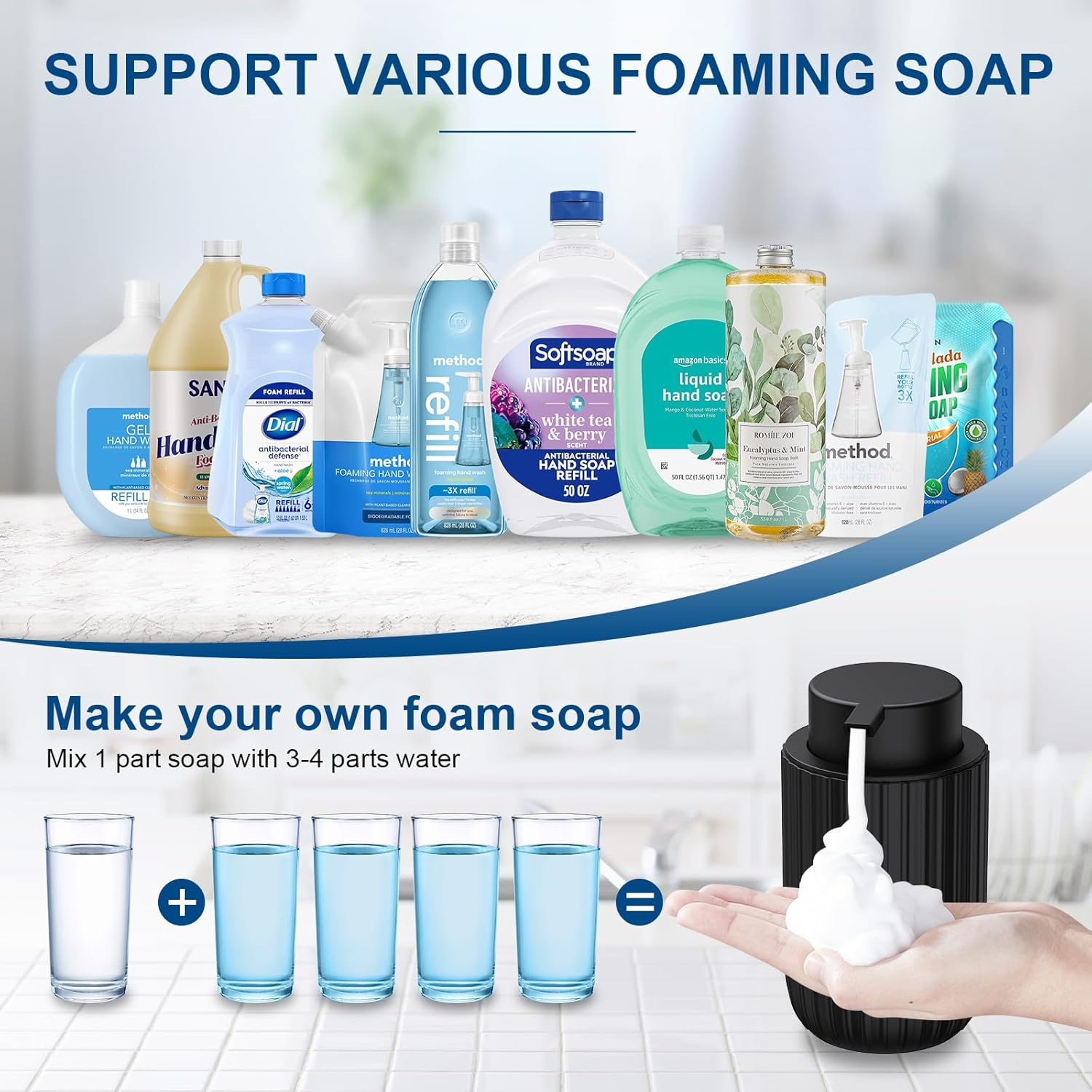 Foaming Soap Dispenser Black, Ceramic Foam Hand Soap Dispenser for Bathroom 12Oz Refillable Liquid Lotion Soap Dispenser with Rust-Proof Foaming Pump for Countertop image number 5