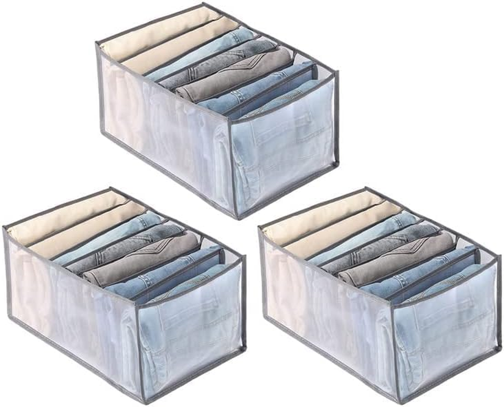 LEDON Wardrobe Clothes Organiser 7 Grids, White/Grey Foldable Clothes Storage Box for Home Storage & Organisation, Clothing & Closet Storage for Clothes, Jeans, Pants (Grey L 5PCS)