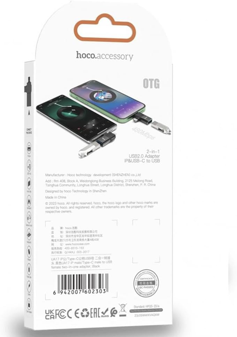 Hoco UA17 IP Male USB-C Male to USB Female Adapter - Black image number 3