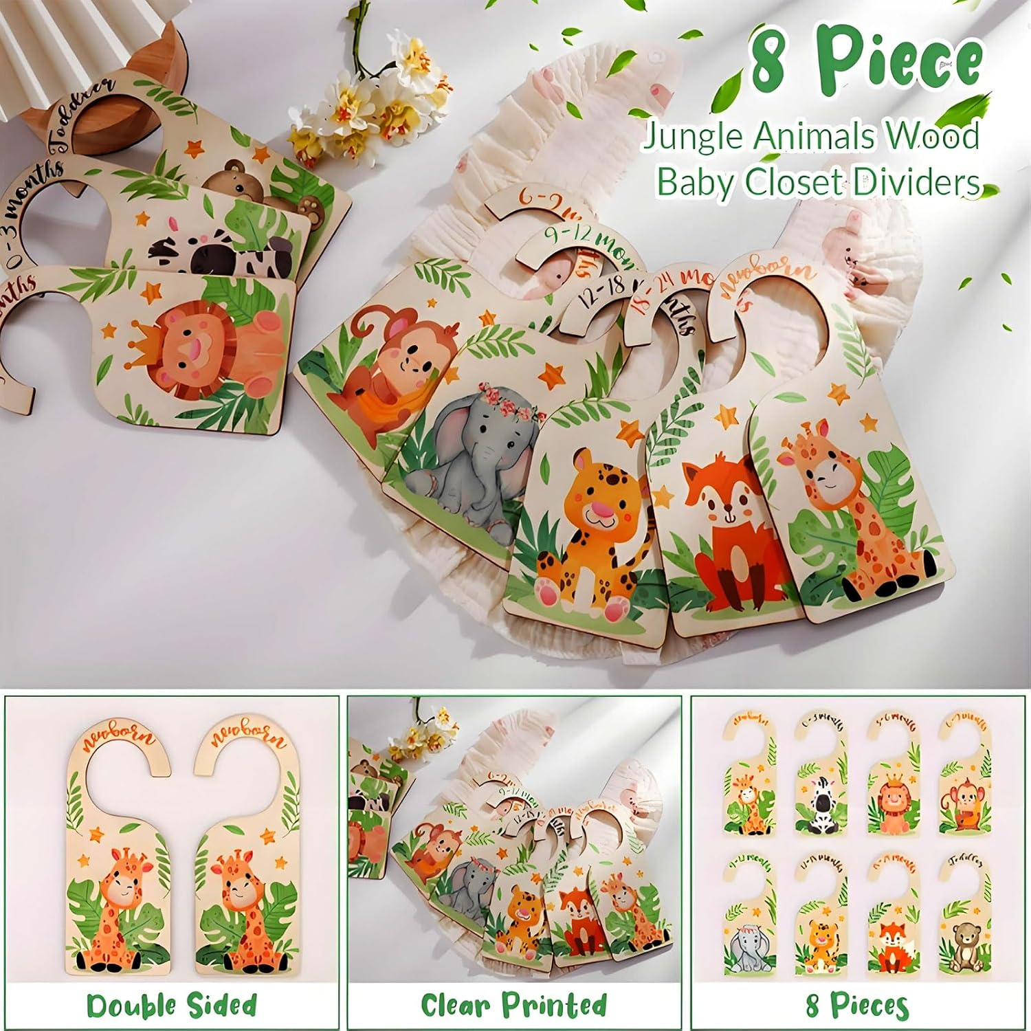 MYTOAU 8Pcs Wooden Baby Closet Dividers,Nursery Hanger Dividers Cute Wooden Closet Dividers with Animal Patterns,Double-Sided Wardrobe Divider for Baby Clothes Sorting & Nursery Decor image number 3