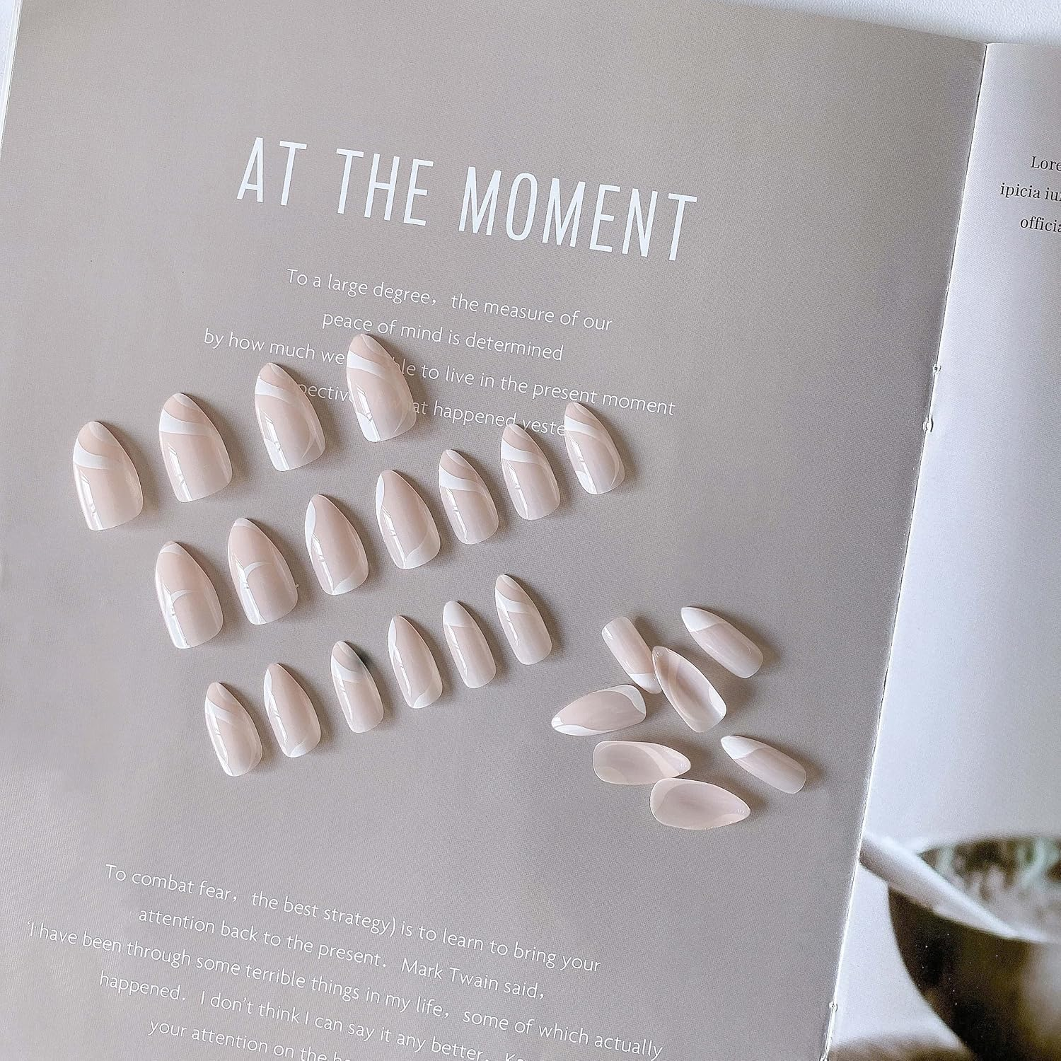 RYUUSEI Medium Almond Press on Nails with Designs, Nude White Swirls Acrylic Nails Press on Stick on Nails for Women, Glue on Nails Fake Nails for Daily Wear,Salon Perfect Wedding Nails image number 3