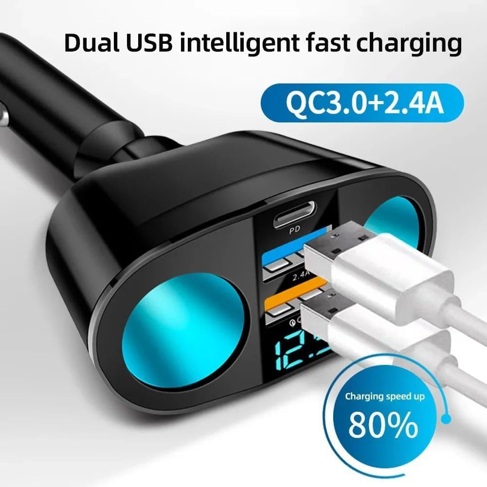 120W Car Charger Cigarette Lighter Double Power Adapter Socket Splitter Dual USB a and Type C Plug Adapter Power Socket Adapter with Voltage LED Display image number 5