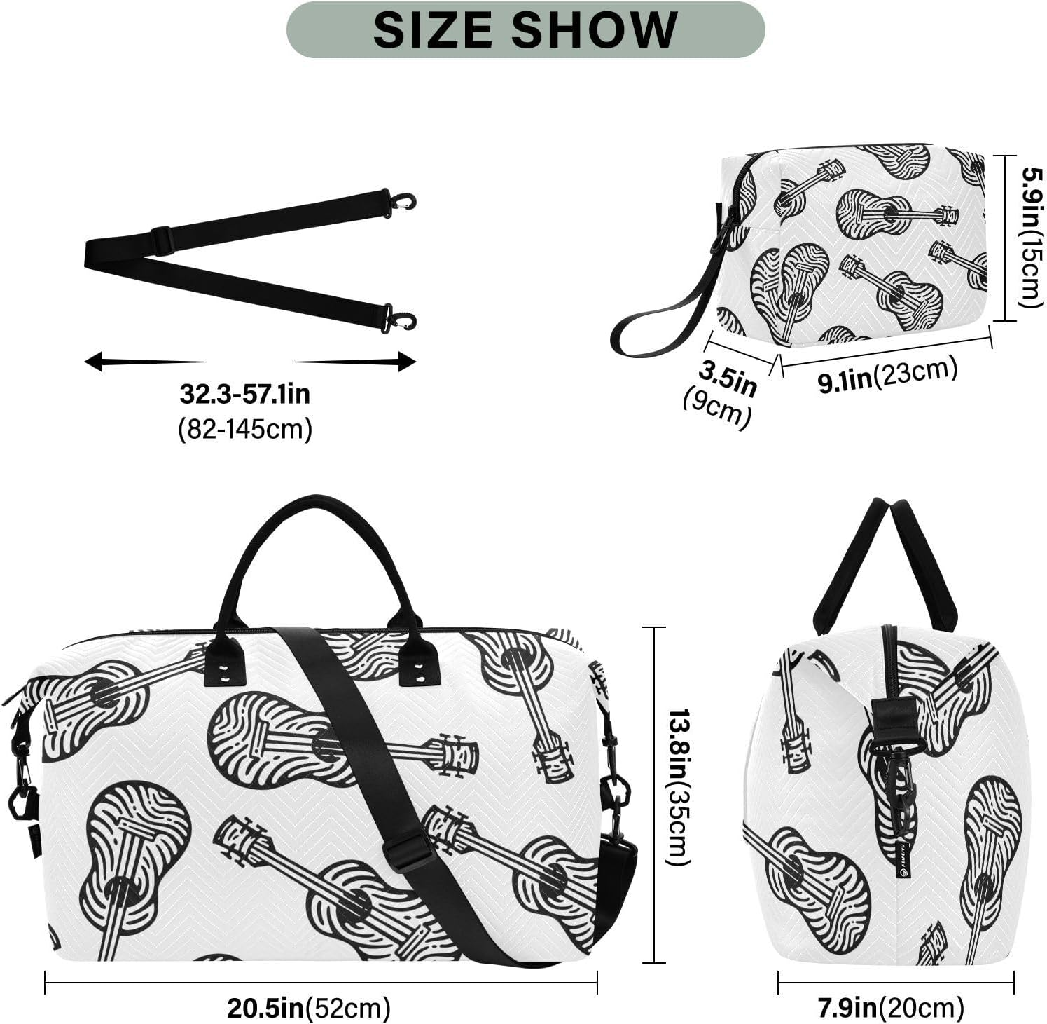 Black and White Guitar Oversized Travel Duffel Bag Travel Weekender Gear Bag Gym Sports Carry with Toiletry Bag for Gym Large Capacity, Black and White Guitar, 1 Size image number 4
