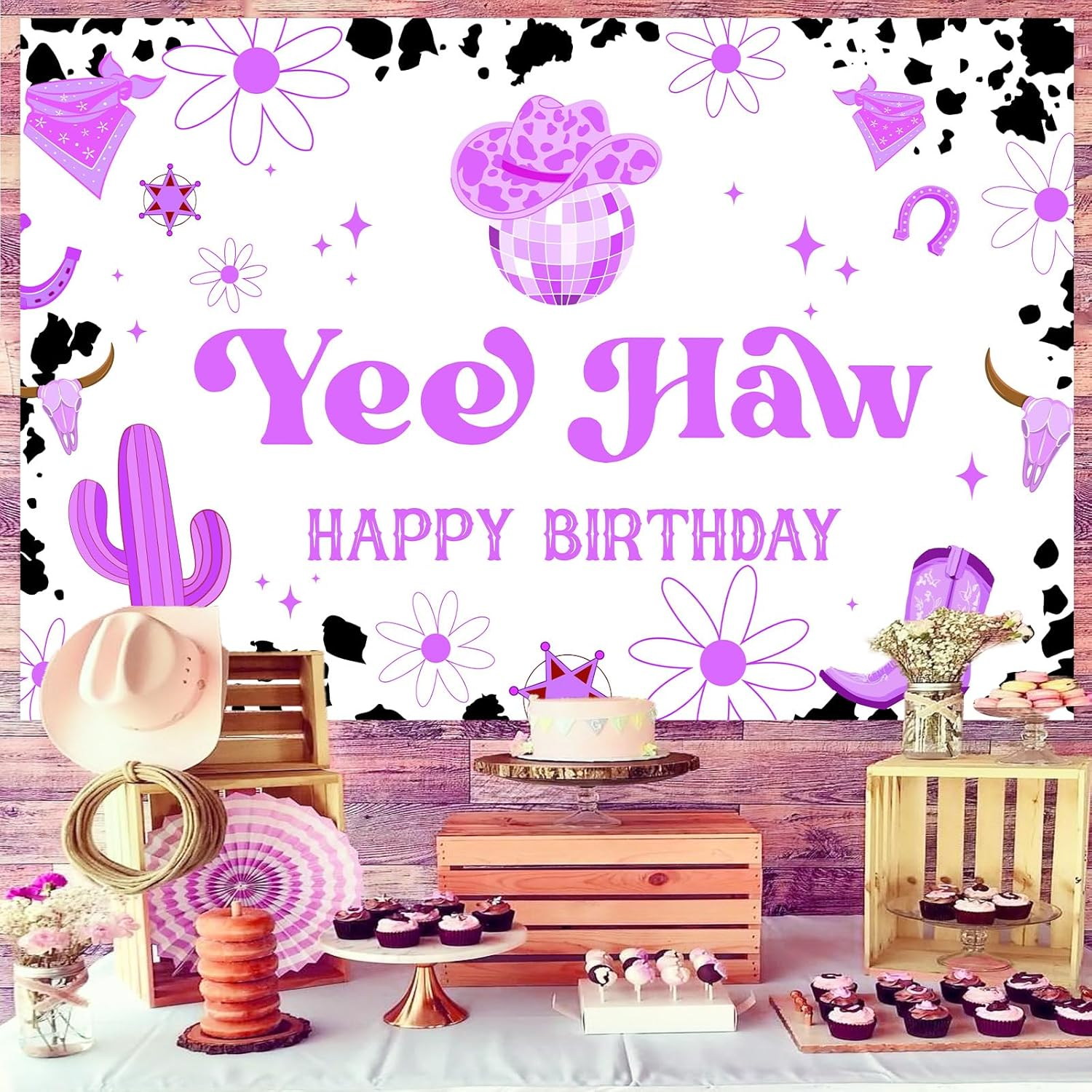 Wonmelody Cowgirl Birthday Party Backdrop Decorations Purple 4.92 * 3.28Ft Yee Haw Happy Birthday Backdrop Banner Western Cowgirl Disco Horse Farm Birthday Party Supplies Photograph Background image number 3