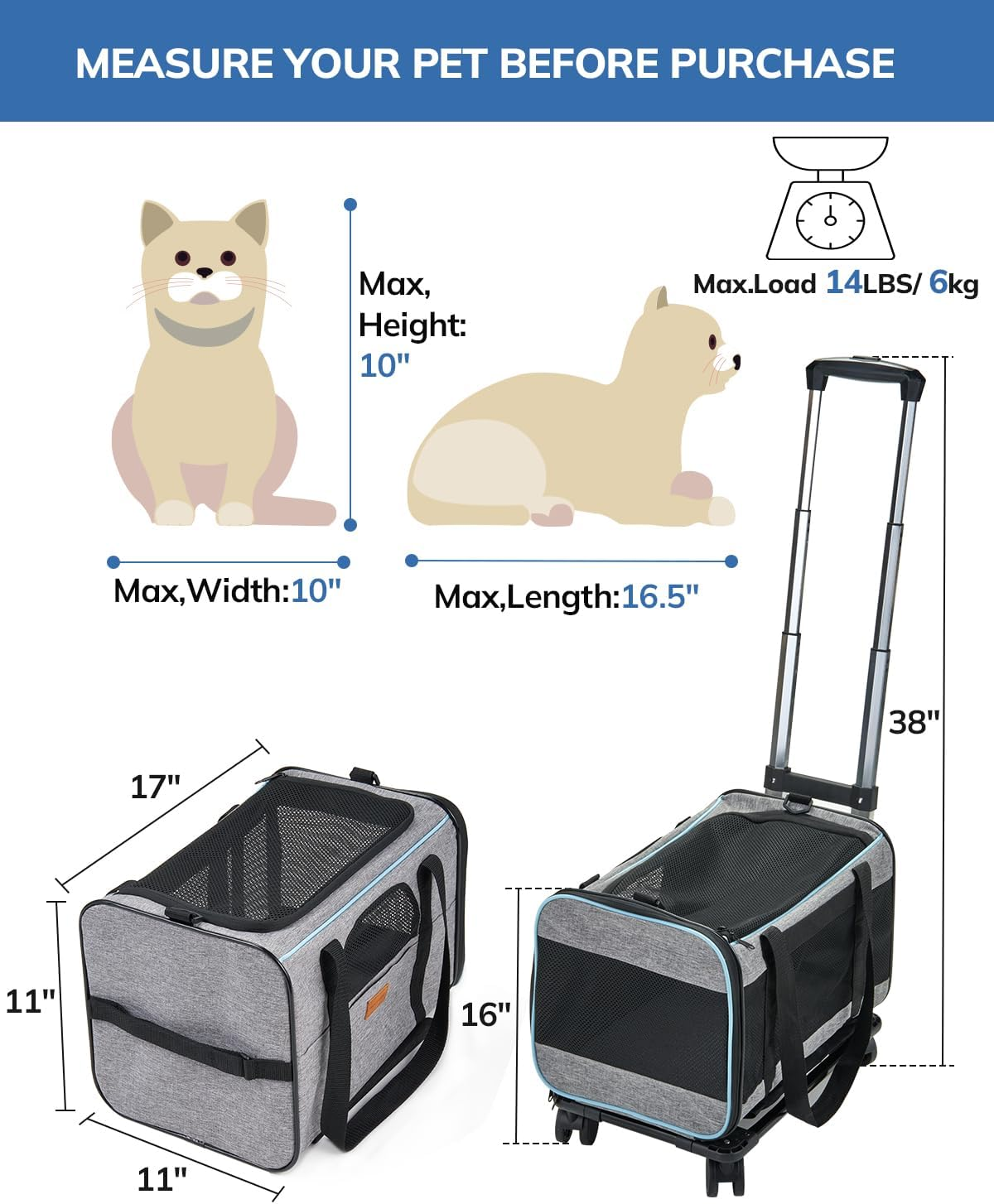 Morpilot Cat Transport Box with Trolley, Foldable Cat Transport Box, Dog Carrier with Wheels for Small Dogs and Cats image number 5