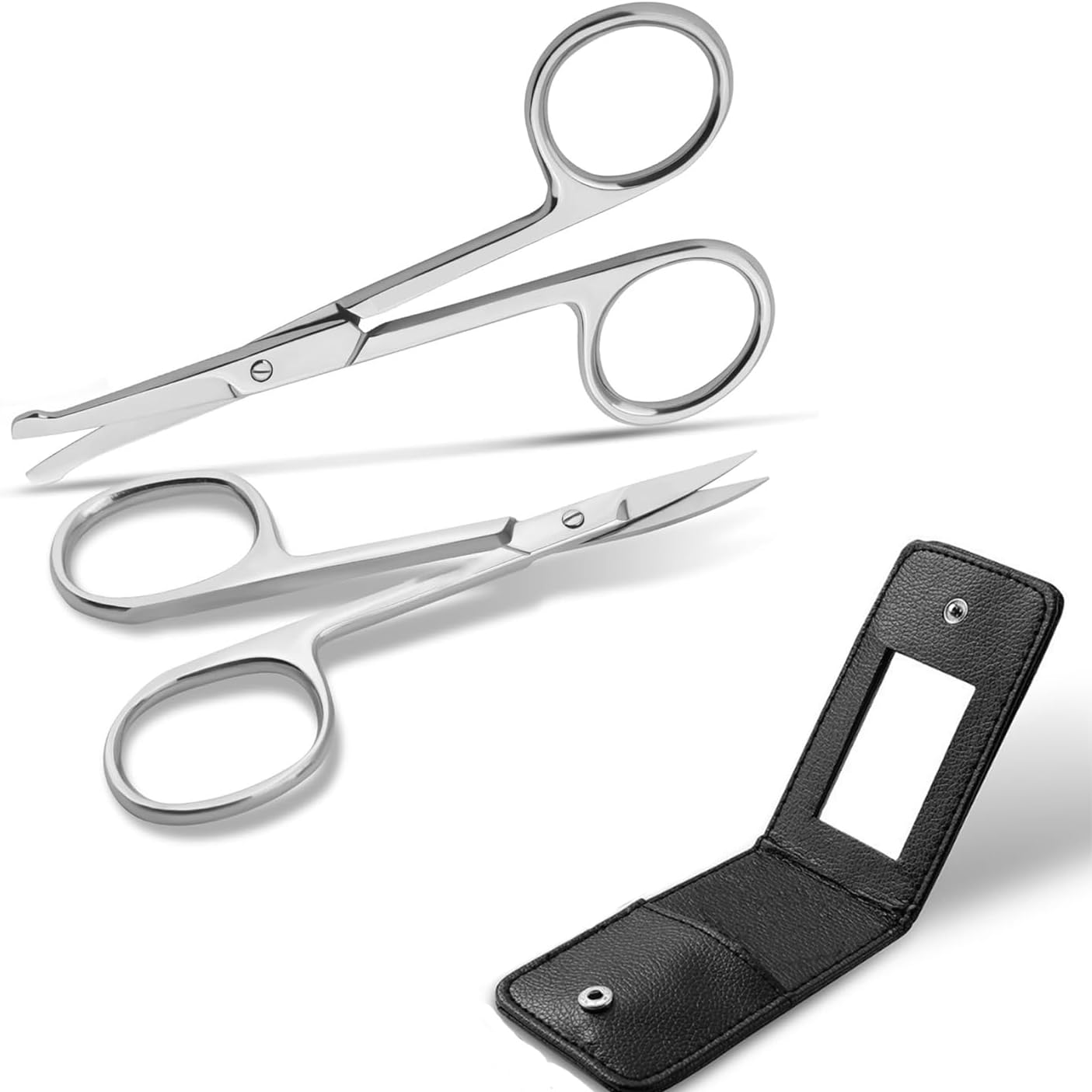 HENWUBEI 2 Pcs Stainless Steel Facial Hair Scissors Set &ndash; 2-In-1 Trimmer for Nose/Ear Hair & Beard/Mustache, Compact Travel-Friendly W/Ergonomic Grip (Men, Women, Barbers) image number 2