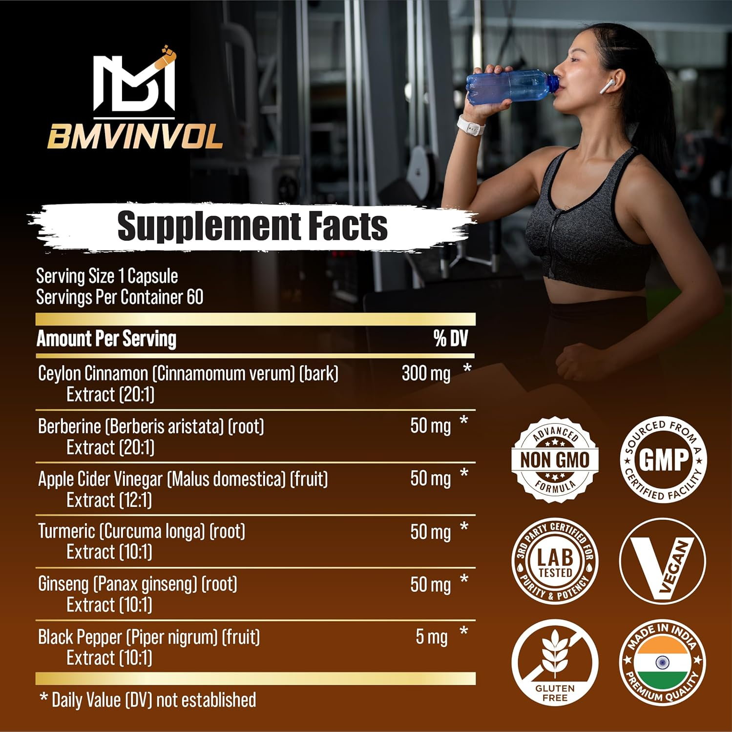 Ceylon Cinnamon Capsules with Berberine Hcl Supplement - Panax Ginseng, Apple Cider Vinegar, Turmeric Curcumin - Support Immunity & Energy Production - 60 Capsules [2 Month Supply]