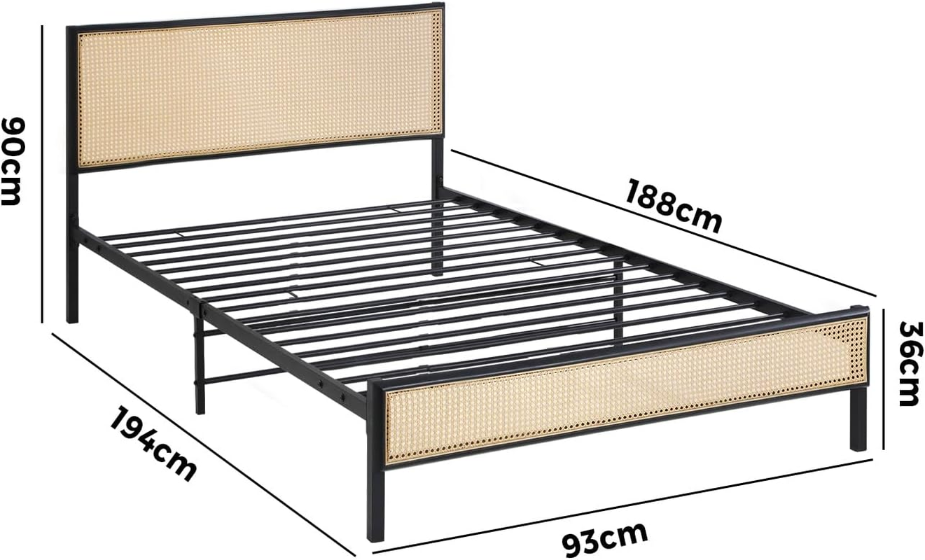 Oikiture Single Bed Base with Rattan Headboard and Steel Slat Single Bed Frame Mattress Platform Black image number 4