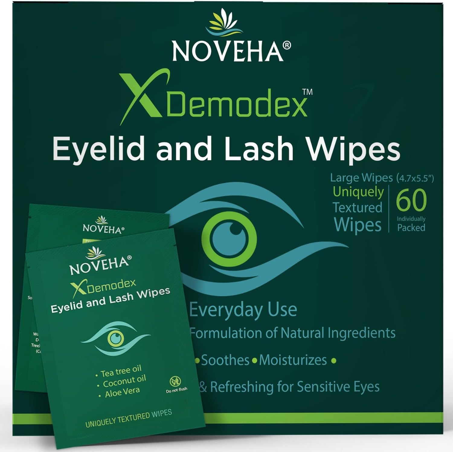 NOVEHA Demodex Eyelid & Lash Wipes | Box of 60 Individually Wrapped Extra Strength Cleansing Eyelash Wipes - Battle Itchy & Irritated Eyes Associated with Demodex Mites, Naturally Remove Debris image number 5