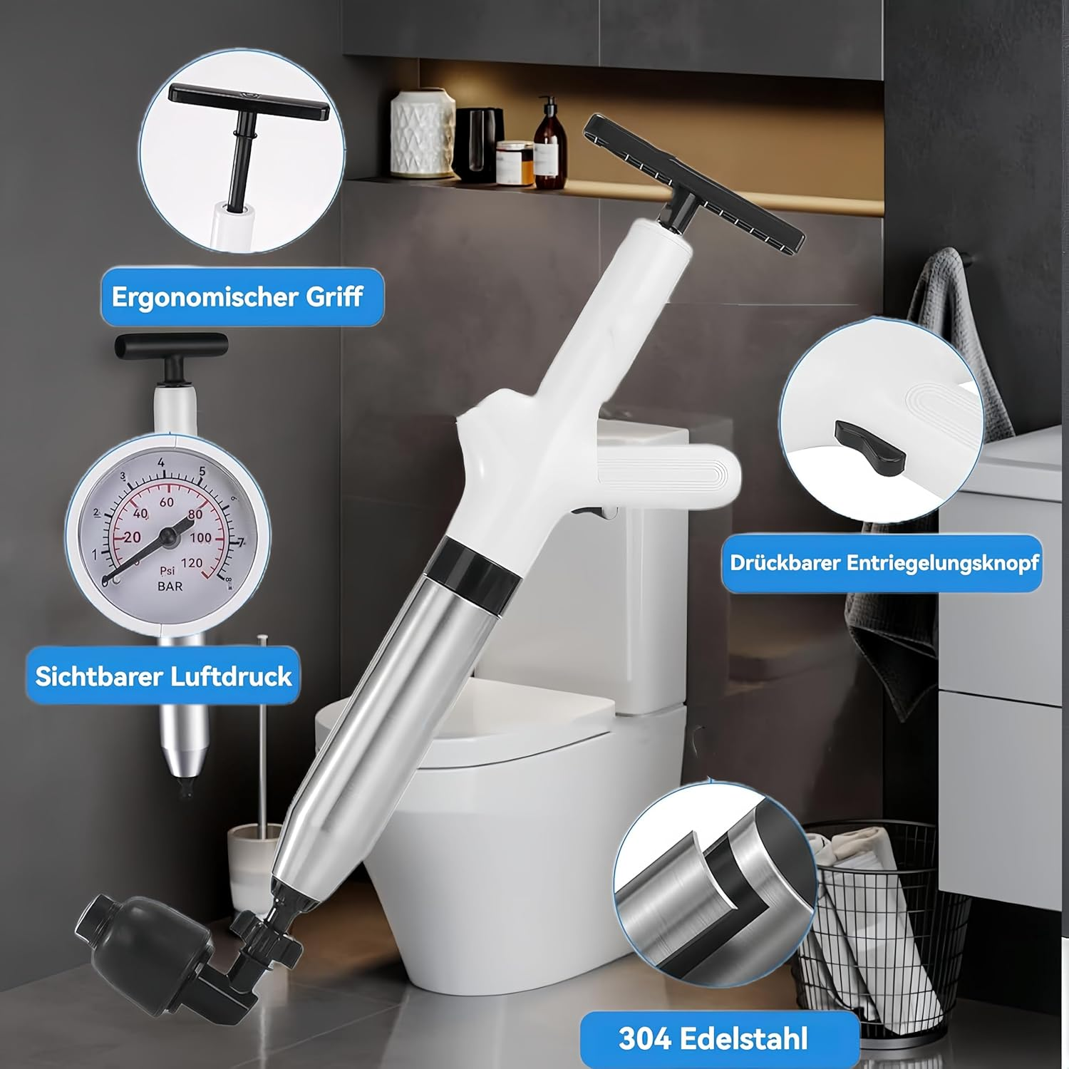 Toilet Plunger, Drain Cleaner Pump, Compressed Air Pipe Cleaner Kit (4 Suction Adapters), Plunger Drain for Cleaning Toilets, Sink, Bathtub, Floor, Drain image number 1