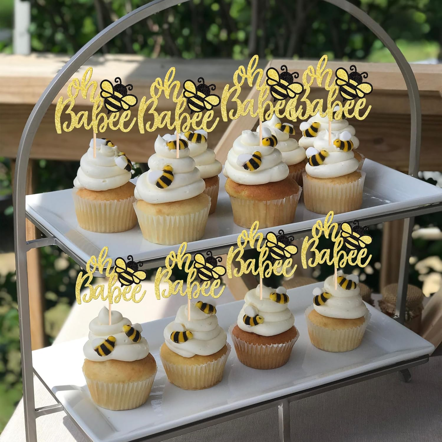 24 Pack Bumble Bee Oh Babee Cupcake Toppers Glitter Honeybee Oh Baby Cupcake Picks for Bee Theme Baby Shower Kids Birthday Party Cake Decorations Supplies Gold image number 3