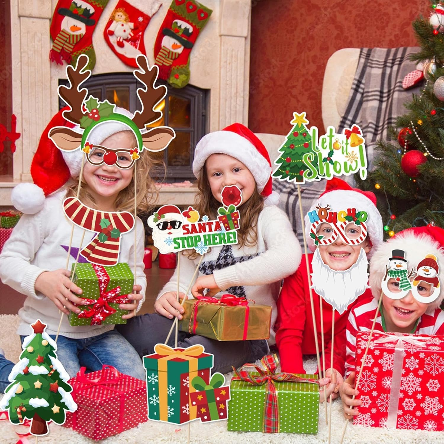 Christmas Photo Booth Props - Christmas Photo Booth Props Kit | 30 Count Party Craft Backdrop Signs | Funny Selfie Posing Glasses Frames, Christmas Pose Sign Kits for Adults and Kids