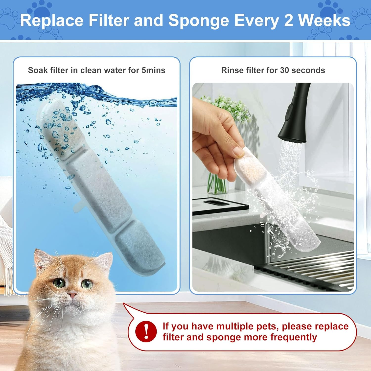 Pack of 6 Cat Fountain Filter, Feriva Cat Fountain Filter for 2.5 L Cat Fountain Wireless, Quadruple Action Pet Water Fountain Filter, Replacement Filter and Pre-Filter Sponges for Cat Drinking image number 6