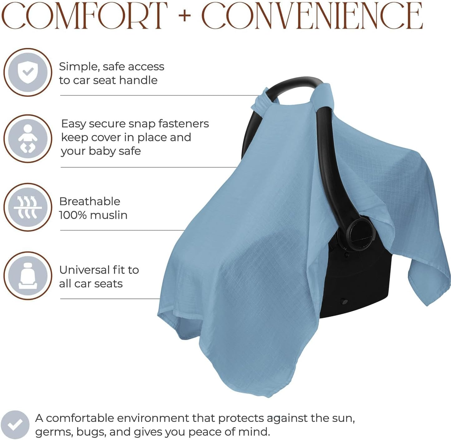 Liangang Baby Car Seat Cover - Soft, Breathable Bamboo Rayon and Muslin Cotton Blend - Lightweight Canopy for Sun, Bug, and Comfort Protection - Large Size Infant Seat Cover (Blue) - Blue image number 3