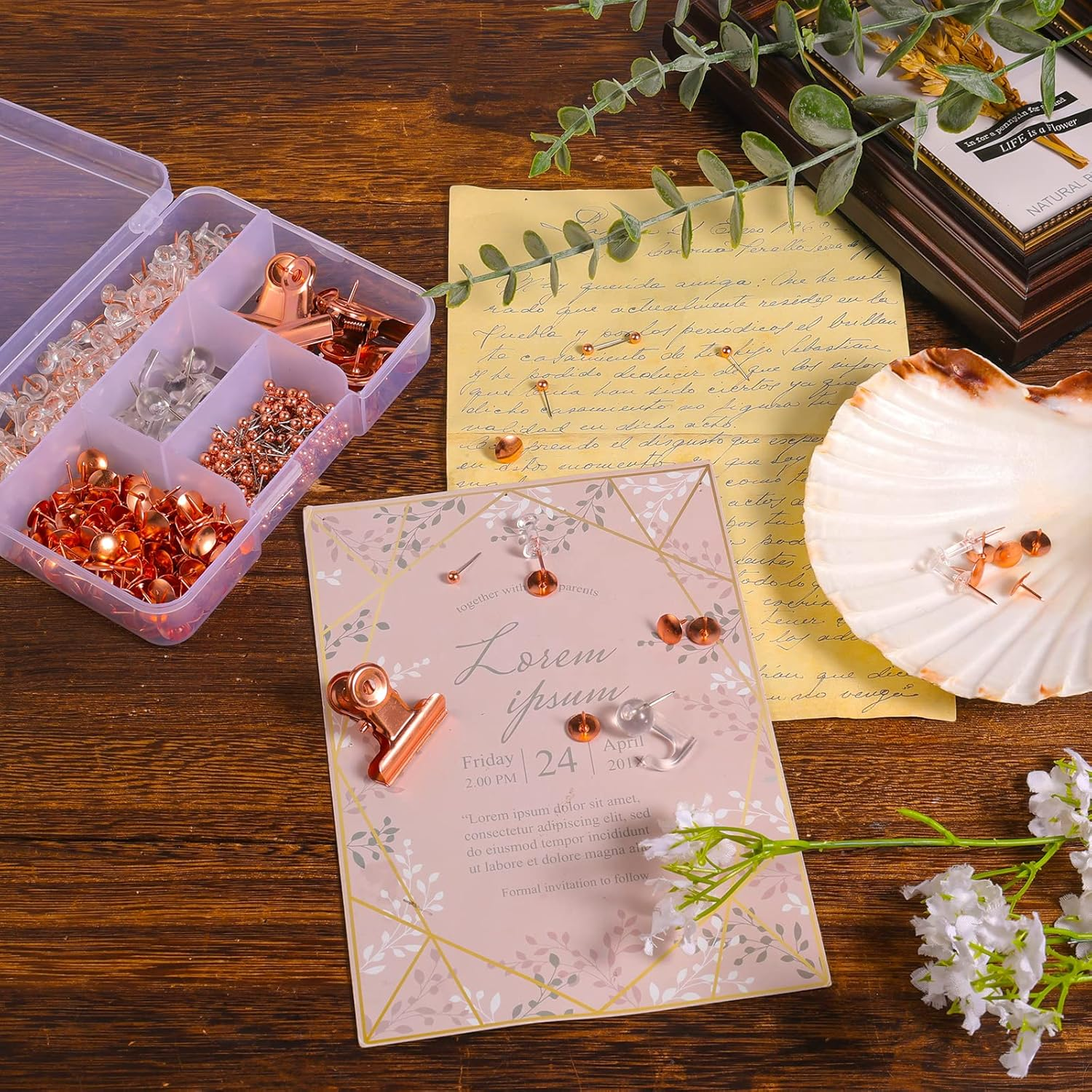 AIEX 465Pcs Clear Push Pins Set, Metal & Plastic Pushpins Clips Thumb Tacks and Push Pins for Cork Board Bulletin Board Wall 5 Styles Office Supplies (Rose Gold)