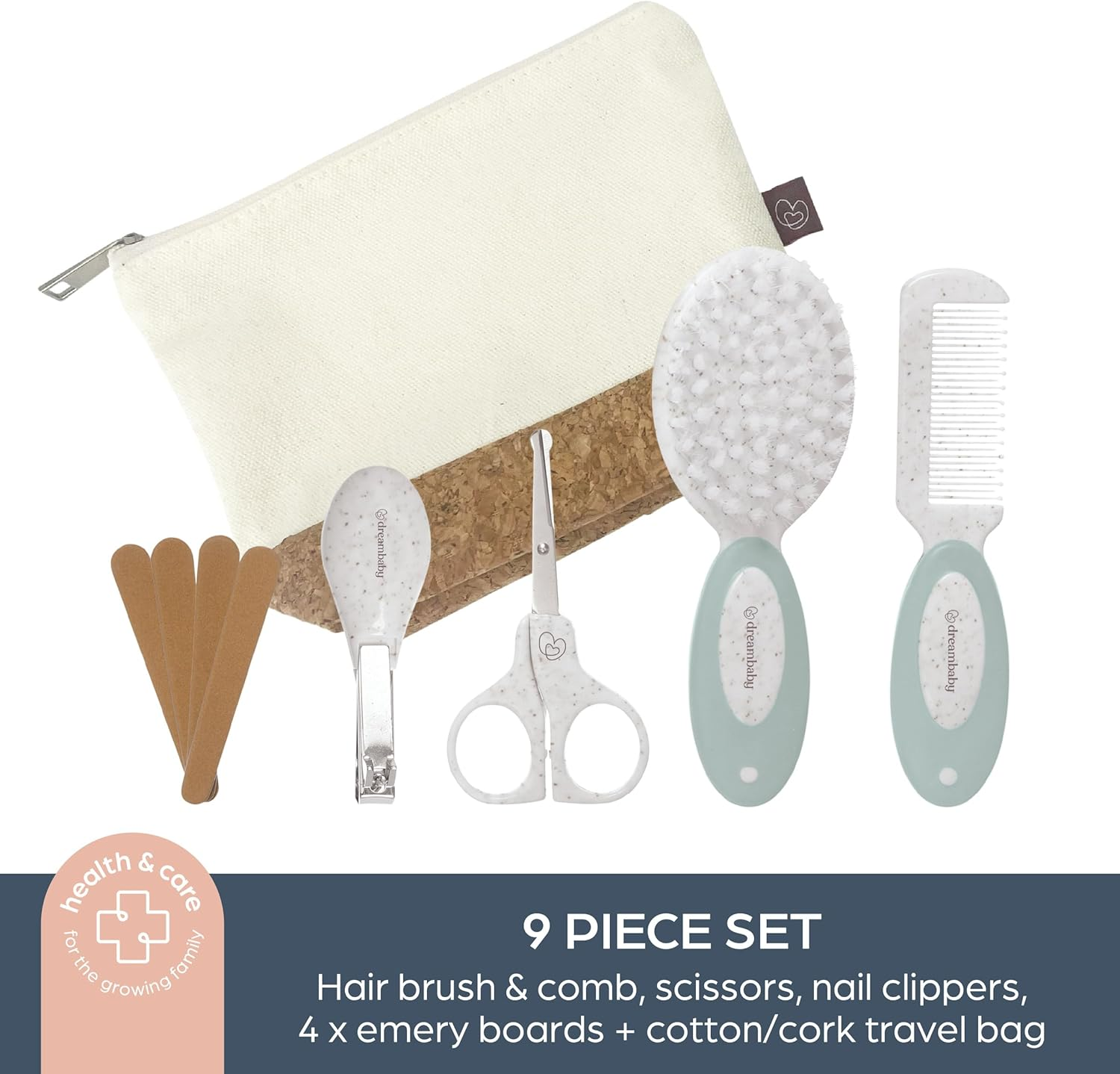 Dreambaby Neat & Tidy 9Pc Wheatgrass Baby Grooming Kit - Eco-Friendly Baby Care Kit with Cotton & Cork Travel Bag - Soft Brush, Comb, Safety Scissors, Nail Clippers - Less Plastic Waste image number 5