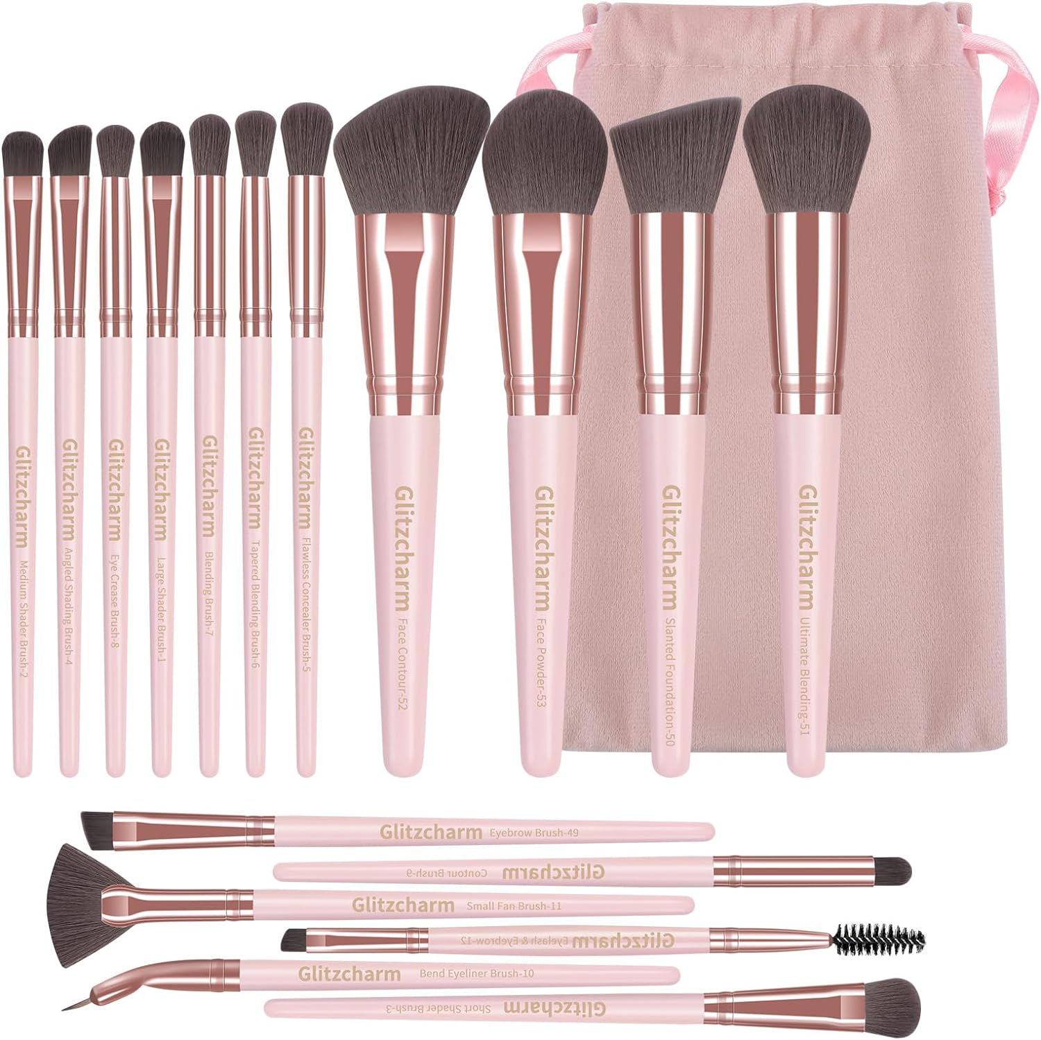 17 Pcs Makeup Brushes, Glitzcharm Makeup Brushes Set Premium Synthetic Powder Blush Concealers Eye Shadow Eyeliner Make up Brushes(17 Brushes+1 Pink Bag,Pink)