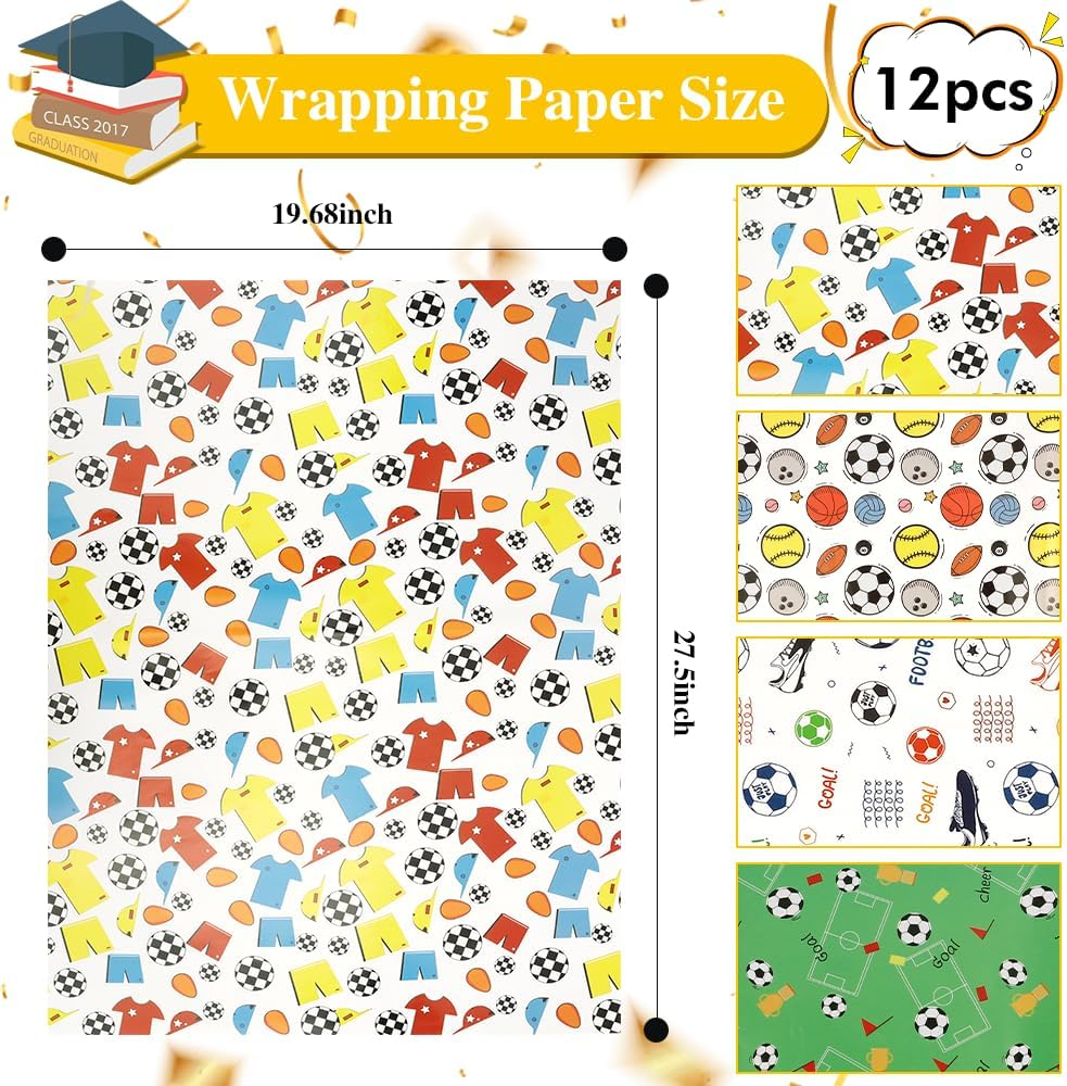 Soccer Wrapping Paper 12 Sheets Birthday 28X20In Folded Flat Gift Wra Paper 4 Style Football Sports Football Wrapping Papers Roll Sports Gift Wrap Paper for Boys image number 2