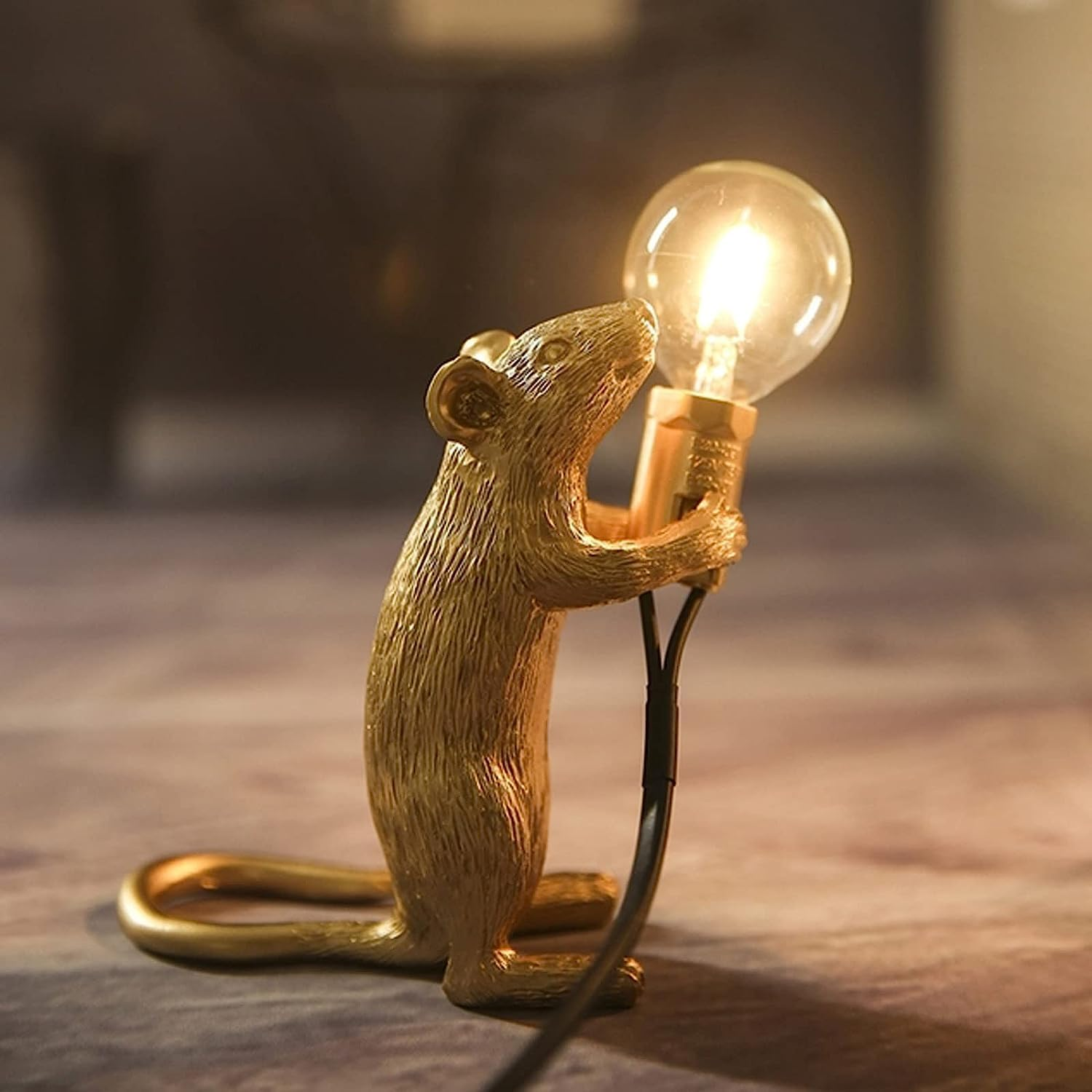 Modern Resin Mouse Lamp Table Lights,Mouse Shape Creative Desk Lamps Bedside Holiday Christmas Birthday Gift Decoration Bedroom Study Room Living Room Decor (Gold Standing) image number 6