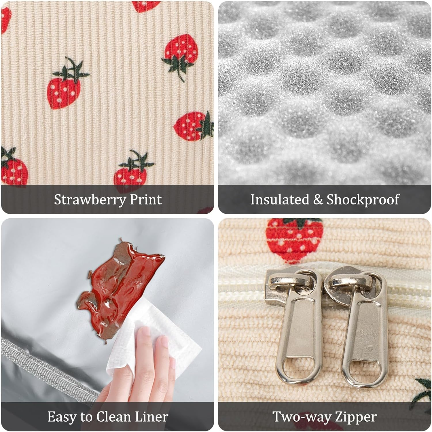 Insulated Lunch Bag for Women with Strawberry Print, Large Reusable Lunch Box Tote with Adjustable Shoulder Strap, Leakproof & Thermal, Work or Picnic Bag image number 2