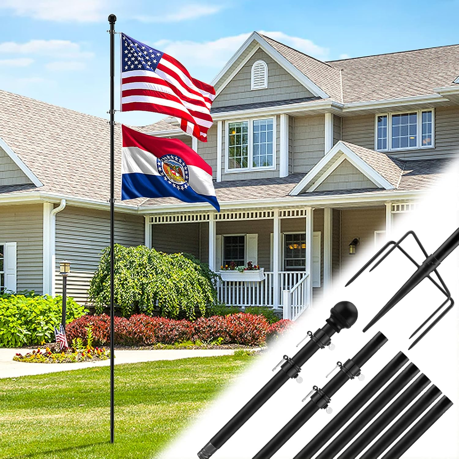 Acostop 10 FT Heavy Duty Flag Poles in Ground with 5 Pronges Base- Extra Thick Flag Pole Kit for Yard, Fit for 2 Flags- Windproof Ground Flag Poles for outside House Residential or Commercial, Black image number 4