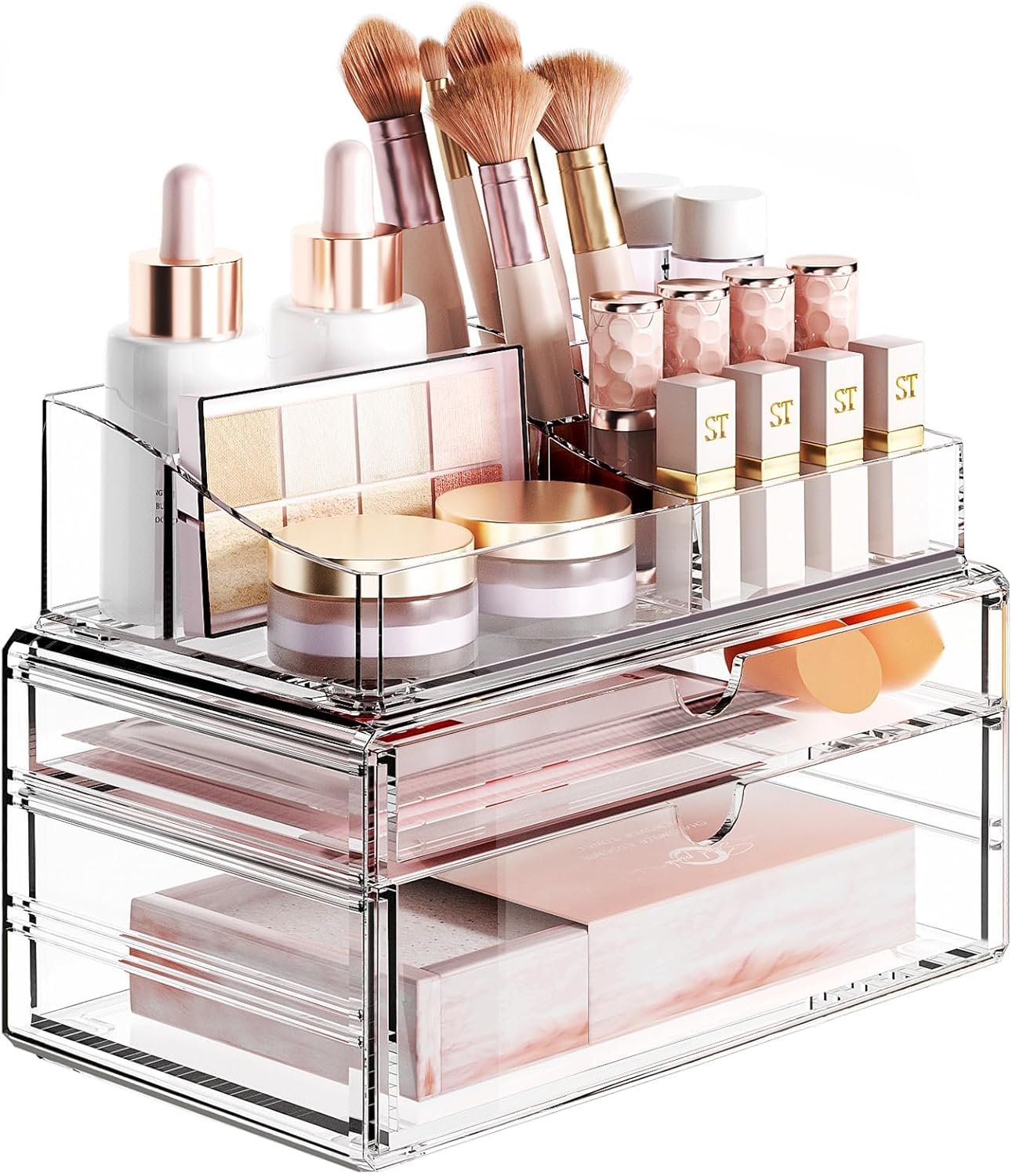 Delamu 3-Tier Clear Makeup Organizer with Drawer, Acrylic Cosmetic Display Case for Makeup Vanity Bathroom Counter Organizers and Storage, Stackable Vanity Organizer for Brushes Lipsticks Skincare image number 6