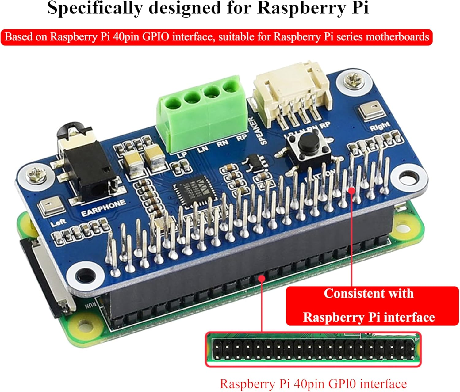 WM8960 Audio HAT Compatible with Raspberry Pi 5/4B/3B+/3B/Pi Zero/Zero W/Pi Zero 2W/Zero 2Wh/Pico W/Pico 2W, WM8960 Hi-Fi Sound Card HAT, Stereo CODEC, Hi-Fi Play/Record, Come with 8&Omega; 5W Speaker image number 1