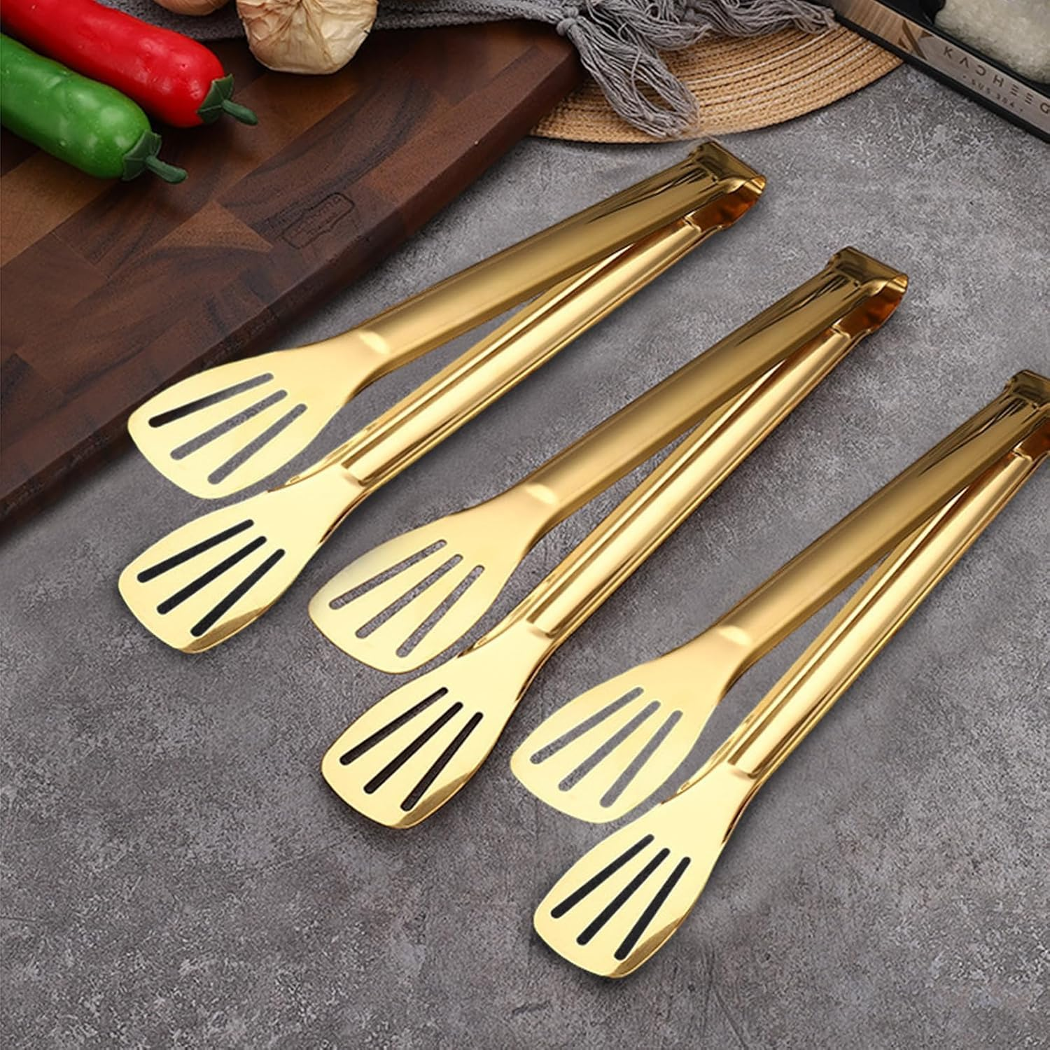3Pcs Kitchen Tongs, 7'' Stainless Steel Food Serving Tongs, Non-Slip Stainless Steel Metal BBQ Tongs, Kitchen Cooking Tongs for Cooking, Cake, Salad, Meat, BBQ, Frying, Serving (Golden) image number 4