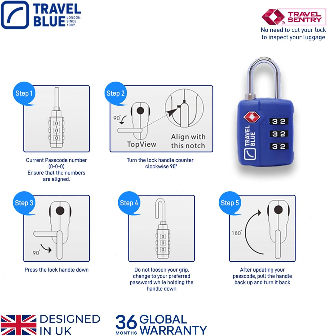 Travel Blue Combination Locks (TSA Classic, Blue, Single) image number 2