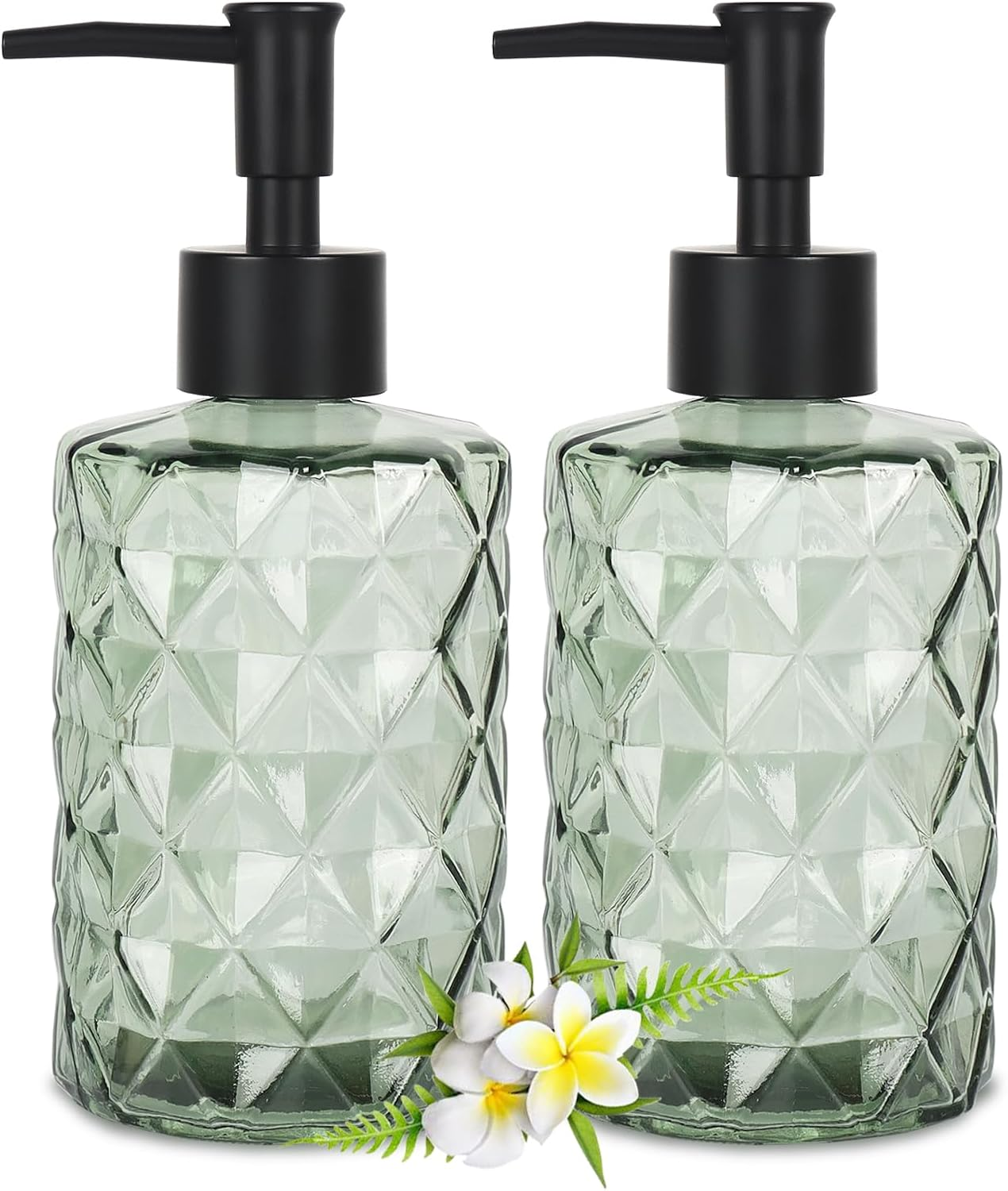 Glass Soap Dispenser with Black Pump, Bathroom Soap Dispenser Set(2 Pack, 11Oz.) Premium Thick Soap Pump Bottles, Refillable Kitchen Liquid Soap Bottle for Hand Sanitizer, Lotion (Clear, Black Pump)