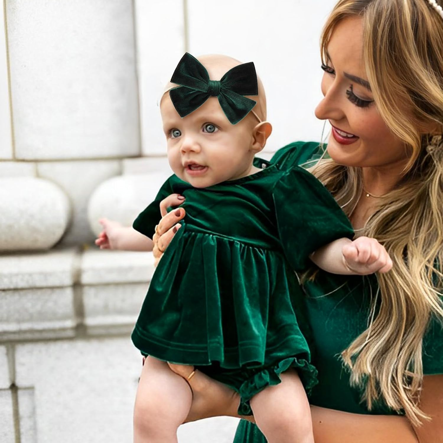 ONENINEDREAM Baby Girls 4" Velvet Hairband Handmade Tied Bow Elastic Nylon Hair Accessories, 3 Pcs Red, Green, Dark Green image number 6