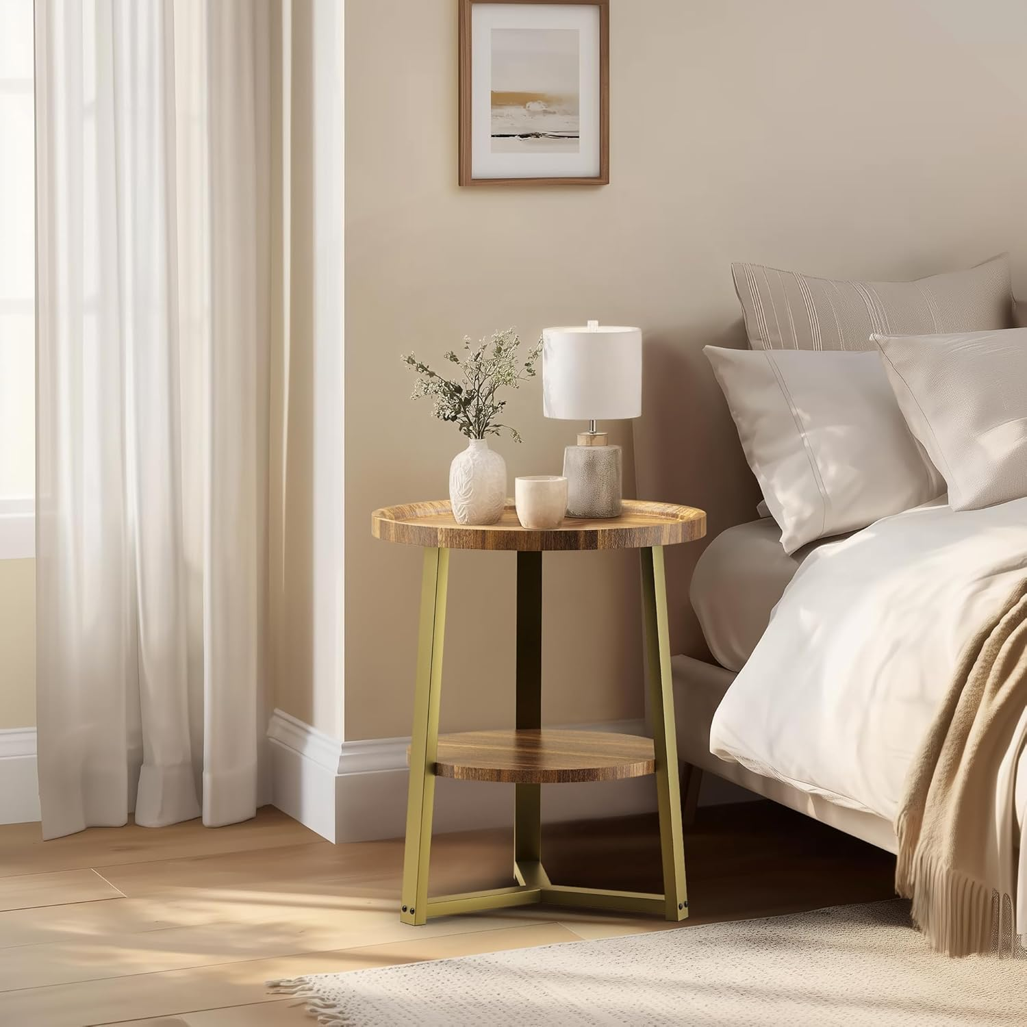 PATIOPIA 2 Tier Side Table, round End Table with Storage Shelf, 19.7" D X 23.6" H Rustic Accent Table for Living Room Small Space,Golden Metal Frame