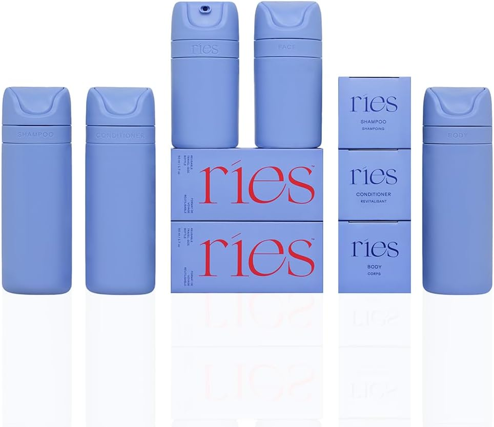 RIES Essential Refillable Toiletry Travel Bottles &ndash; Set of 5 (3.4Oz & 1.7Oz) Airless Pump Containers for Shampoo, Conditioner, Body, Face &ndash; Leak-Proof, Tsa-Approved, Dishwasher Safe- Runaway Blue