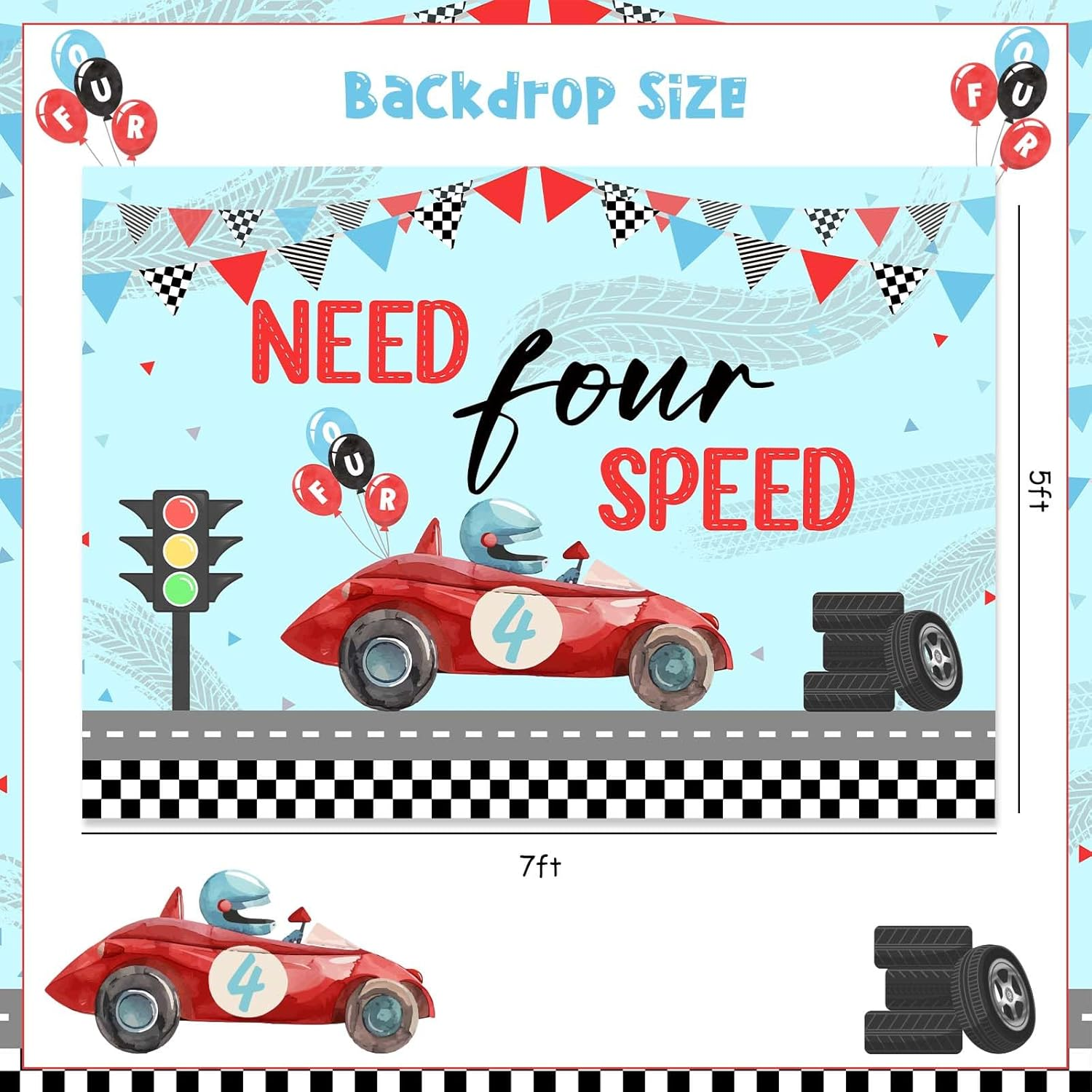 Wonmelody Race Car 4Th Birthday Party Backdrop Need Four Speed Backdrop Banner Race Car 4Th Birthday Decors Red Blue Race Car Vintage Photography Background Supplies for 4Th Boys (7 * 5Ft) image number 5